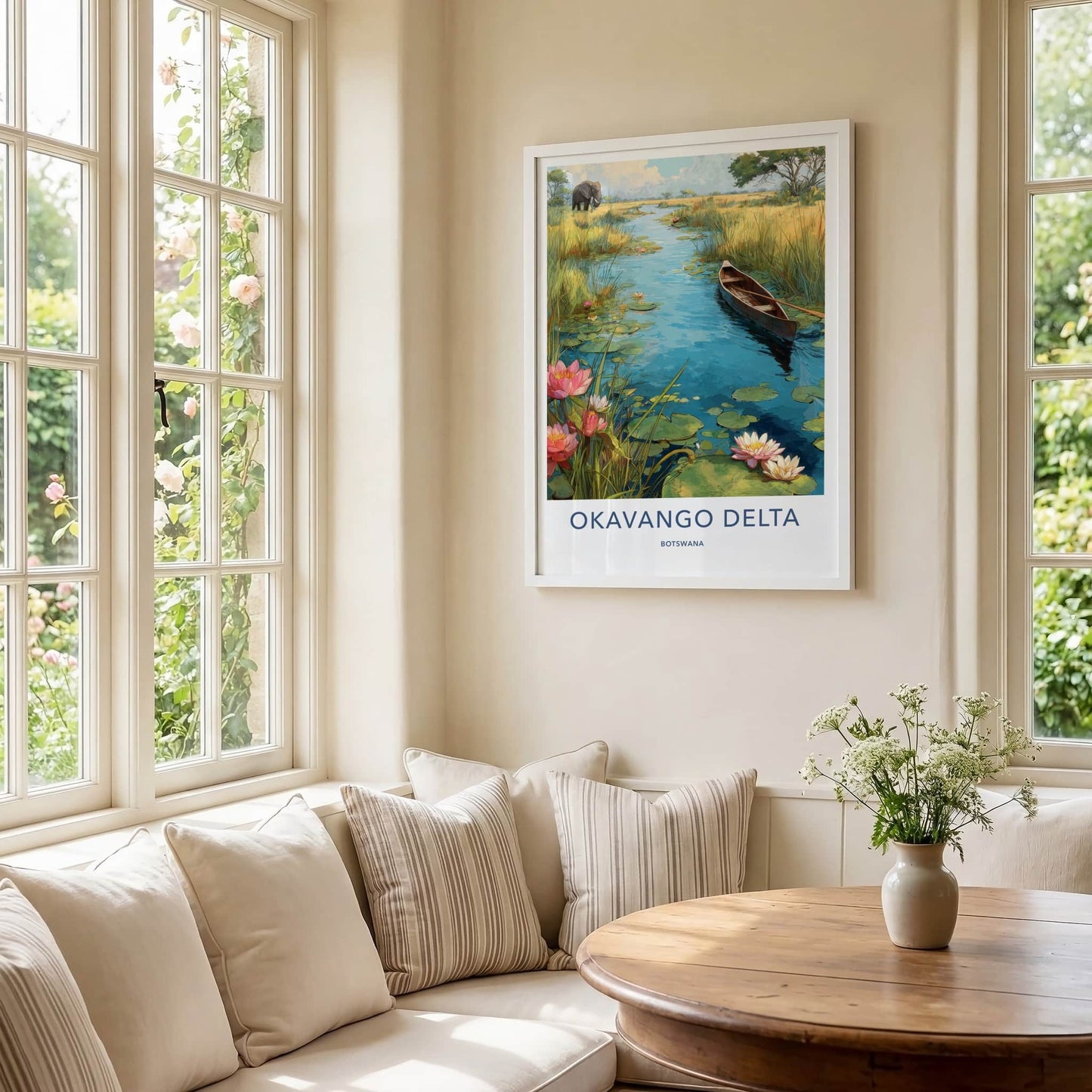 Okavango Delta Poster - Botswana Travel Print - Elephant Water Lilies Home Decor