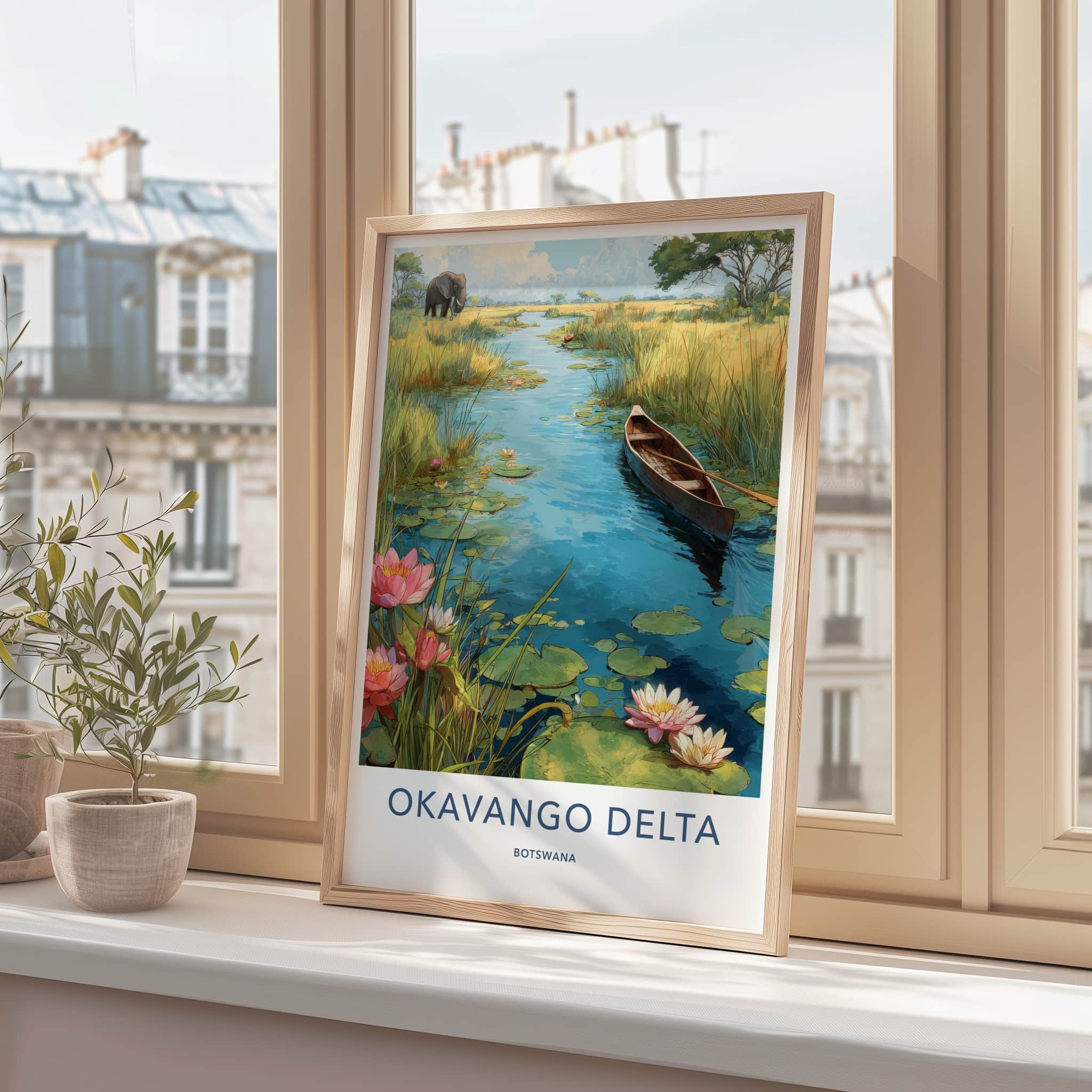 Okavango Delta Poster - Botswana Travel Print - Elephant Water Lilies Home Decor