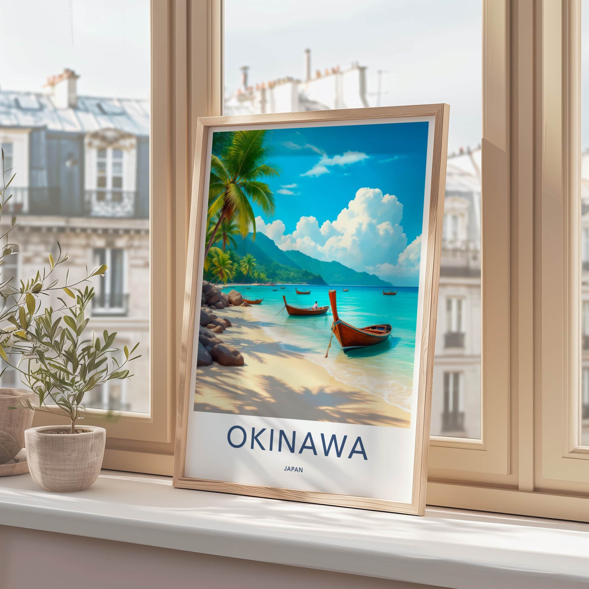Okinawa Poster - Japan Travel Art - Scenic Coastal Longboats Home Decor