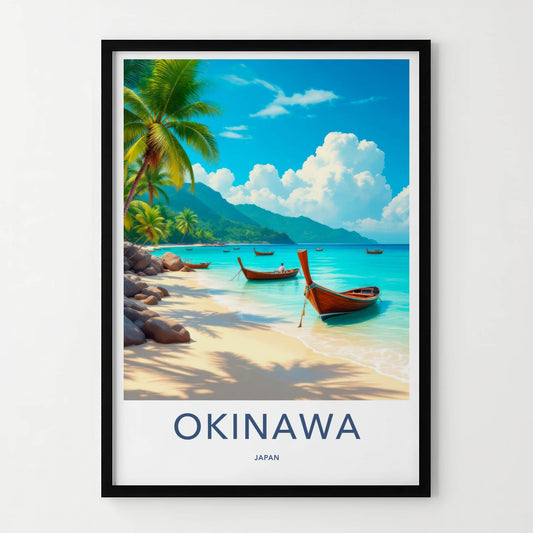 Okinawa Poster - Japan Travel Art - Scenic Coastal Longboats Home Decor