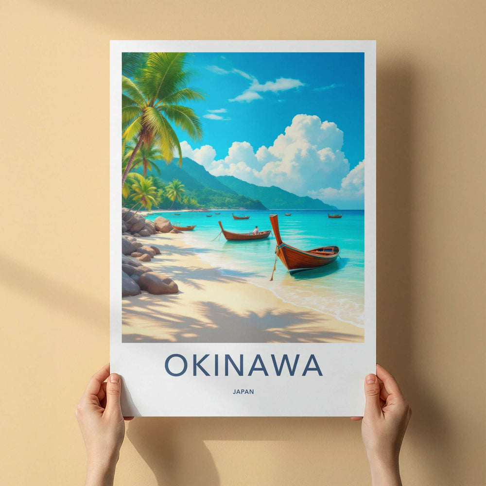 Okinawa Poster - Japan Travel Art - Scenic Coastal Longboats Home Decor