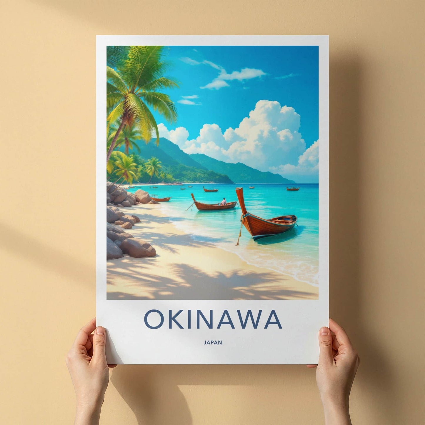 Okinawa Poster - Japan Travel Art - Scenic Coastal Longboats Home Decor