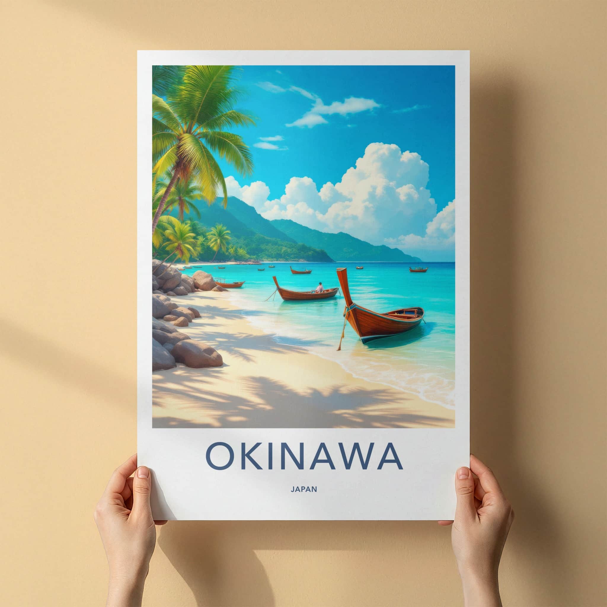 Okinawa Poster - Japan Travel Art - Scenic Coastal Longboats Home Decor