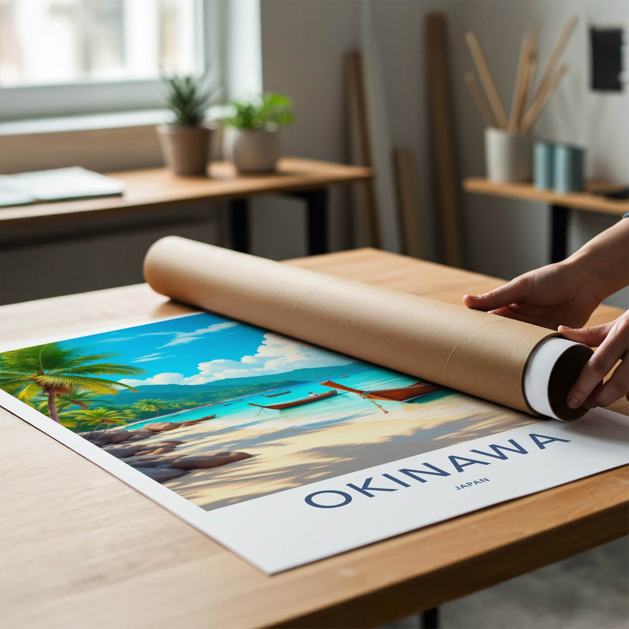 Okinawa Poster - Japan Travel Art - Scenic Coastal Longboats Home Decor