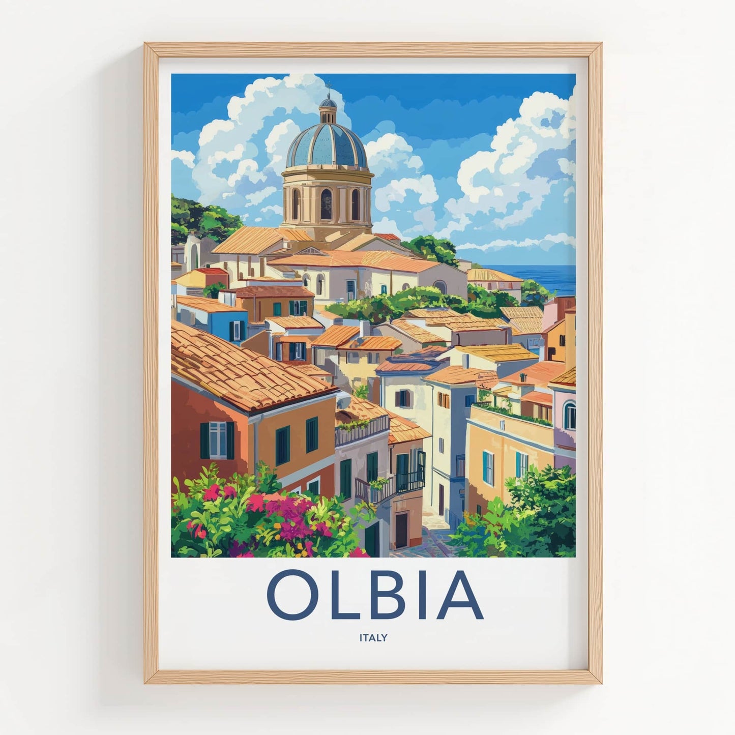 Olbia Poster - Italy Travel Art - Hillside Church Sea Home Decor