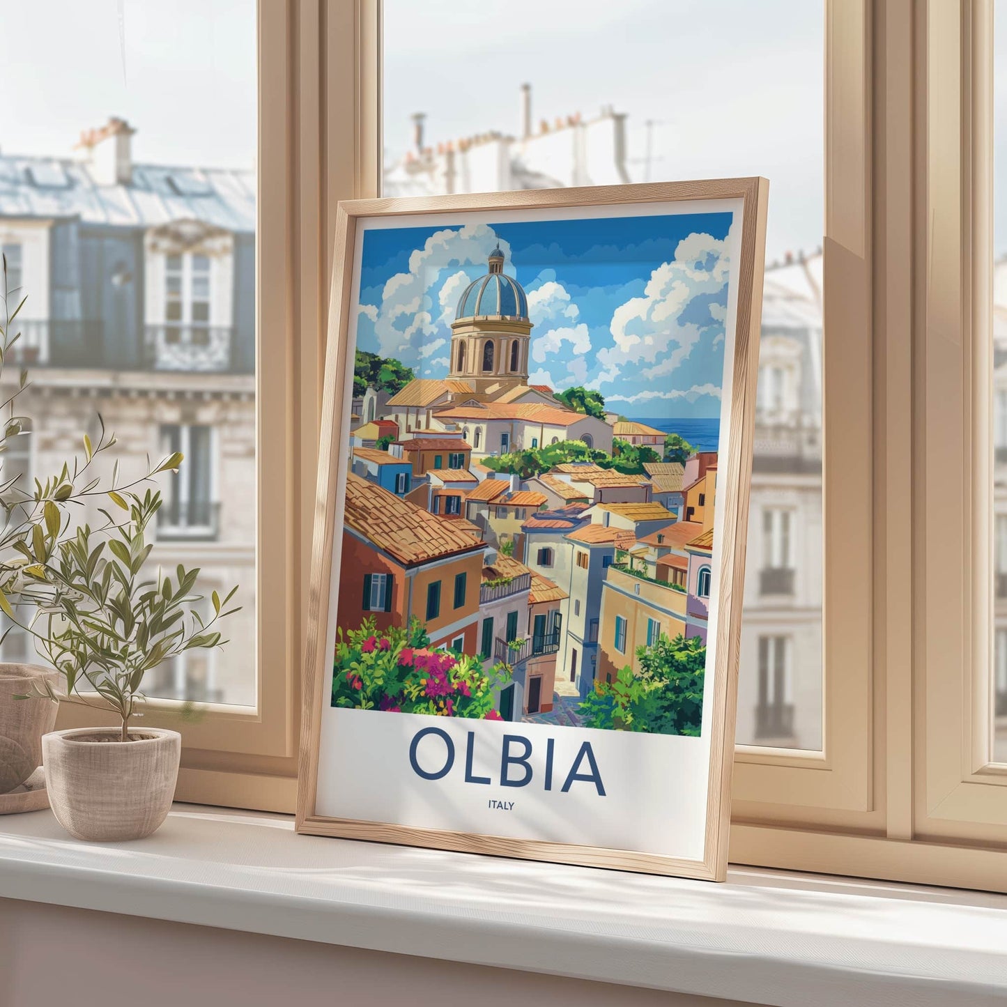 Olbia Poster - Italy Travel Art - Hillside Church Sea Home Decor