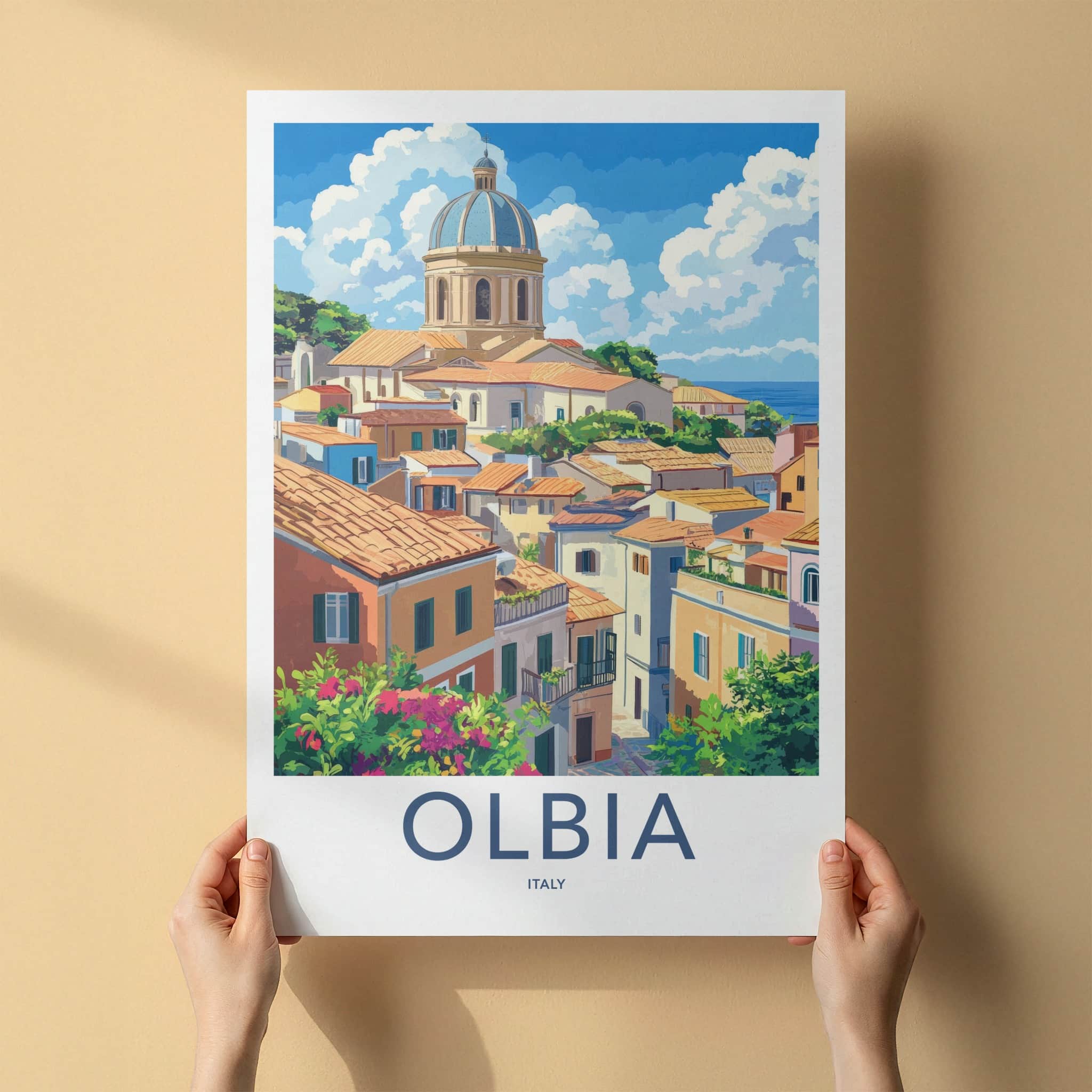 Olbia Poster - Italy Travel Art - Hillside Church Sea Home Decor