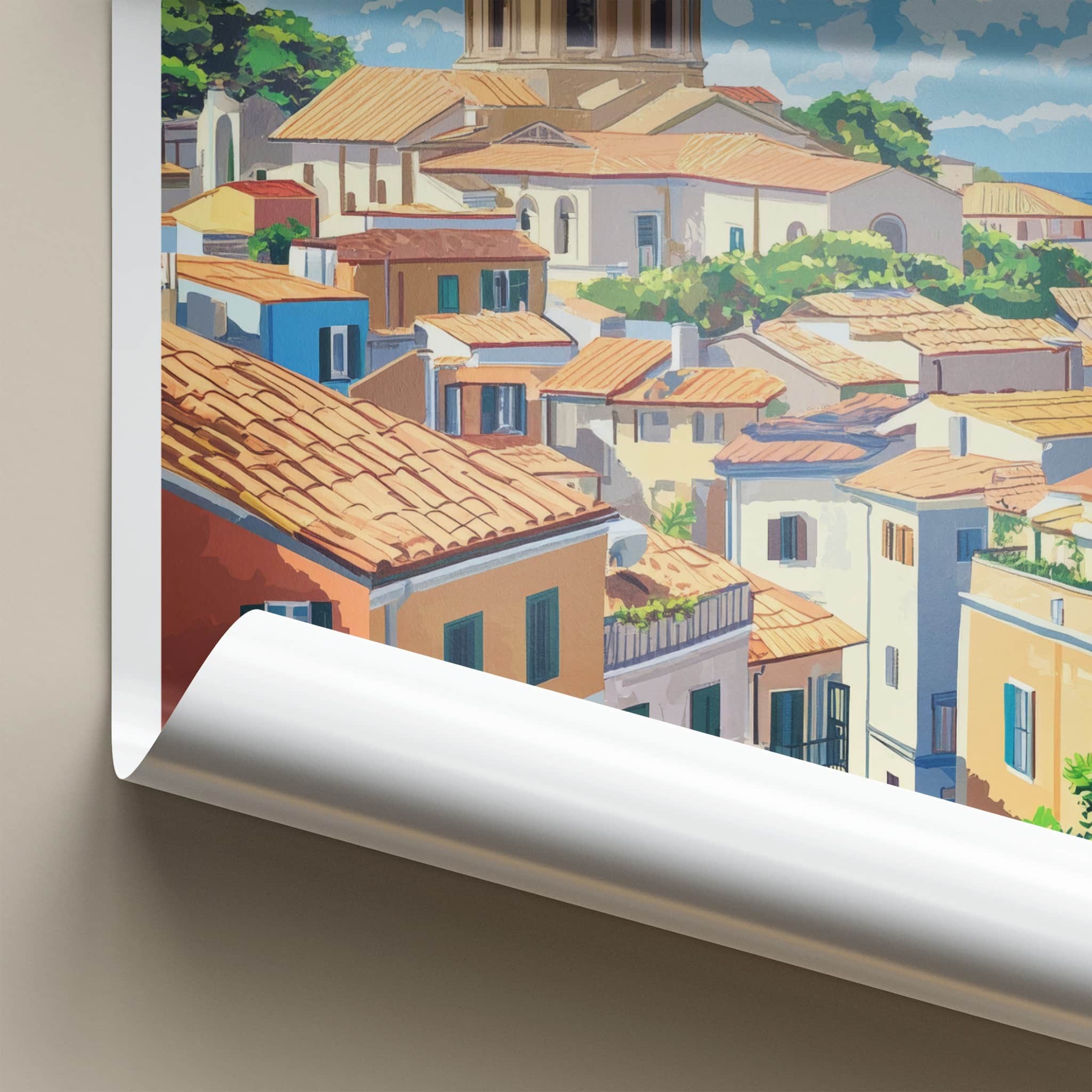 Olbia Poster - Italy Travel Art - Hillside Church Sea Home Decor