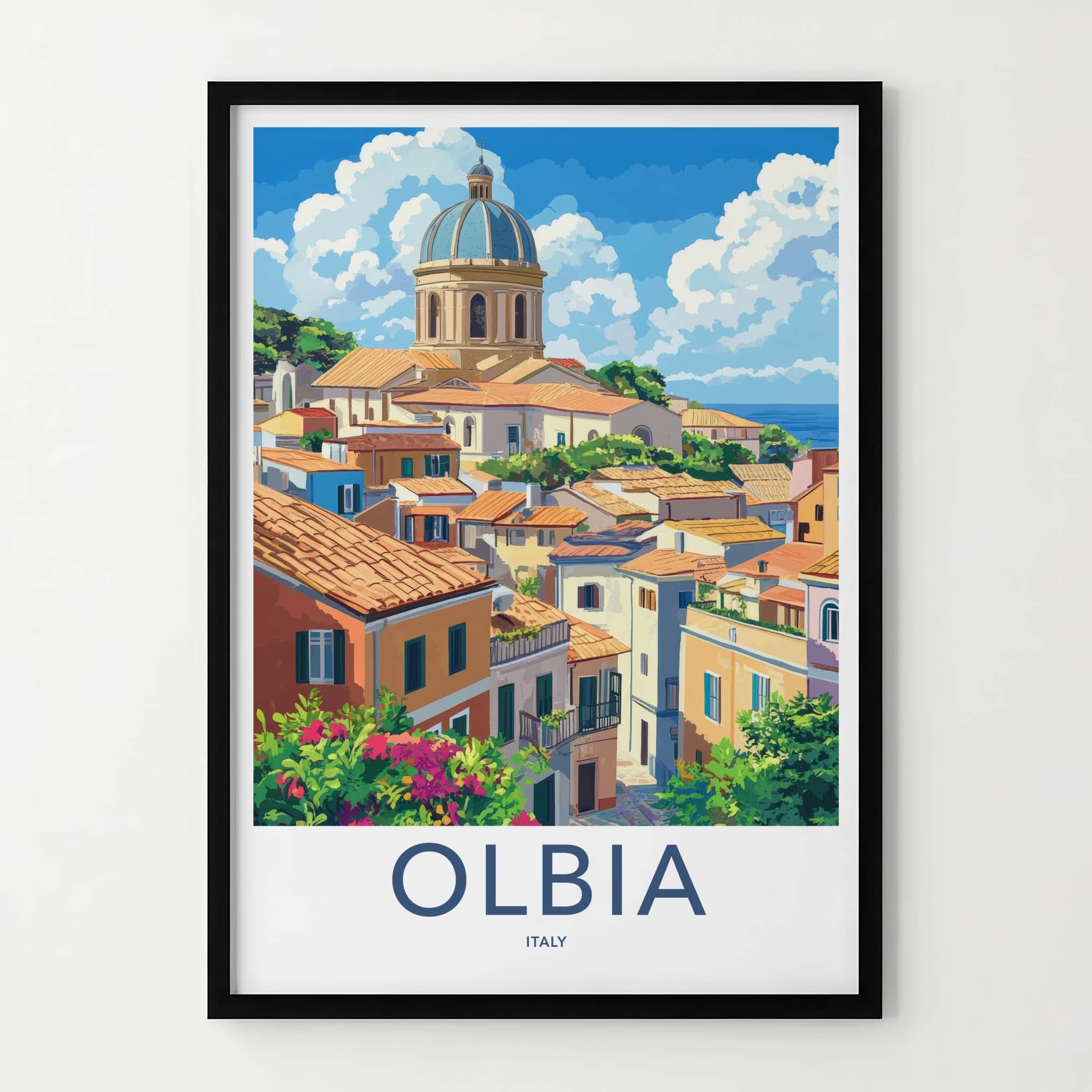 Olbia Poster - Italy Travel Art - Hillside Church Sea Home Decor