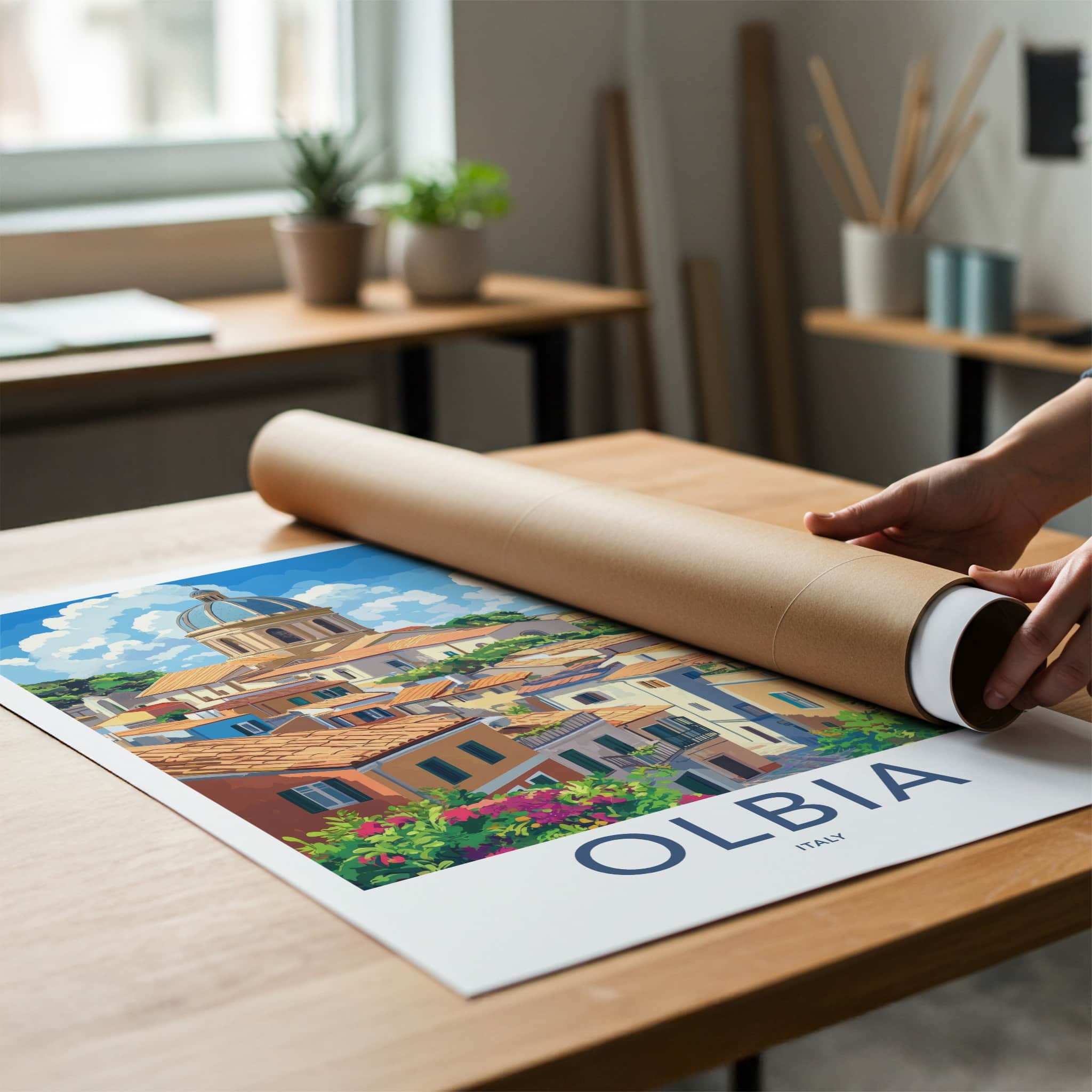 Olbia Poster - Italy Travel Art - Hillside Church Sea Home Decor