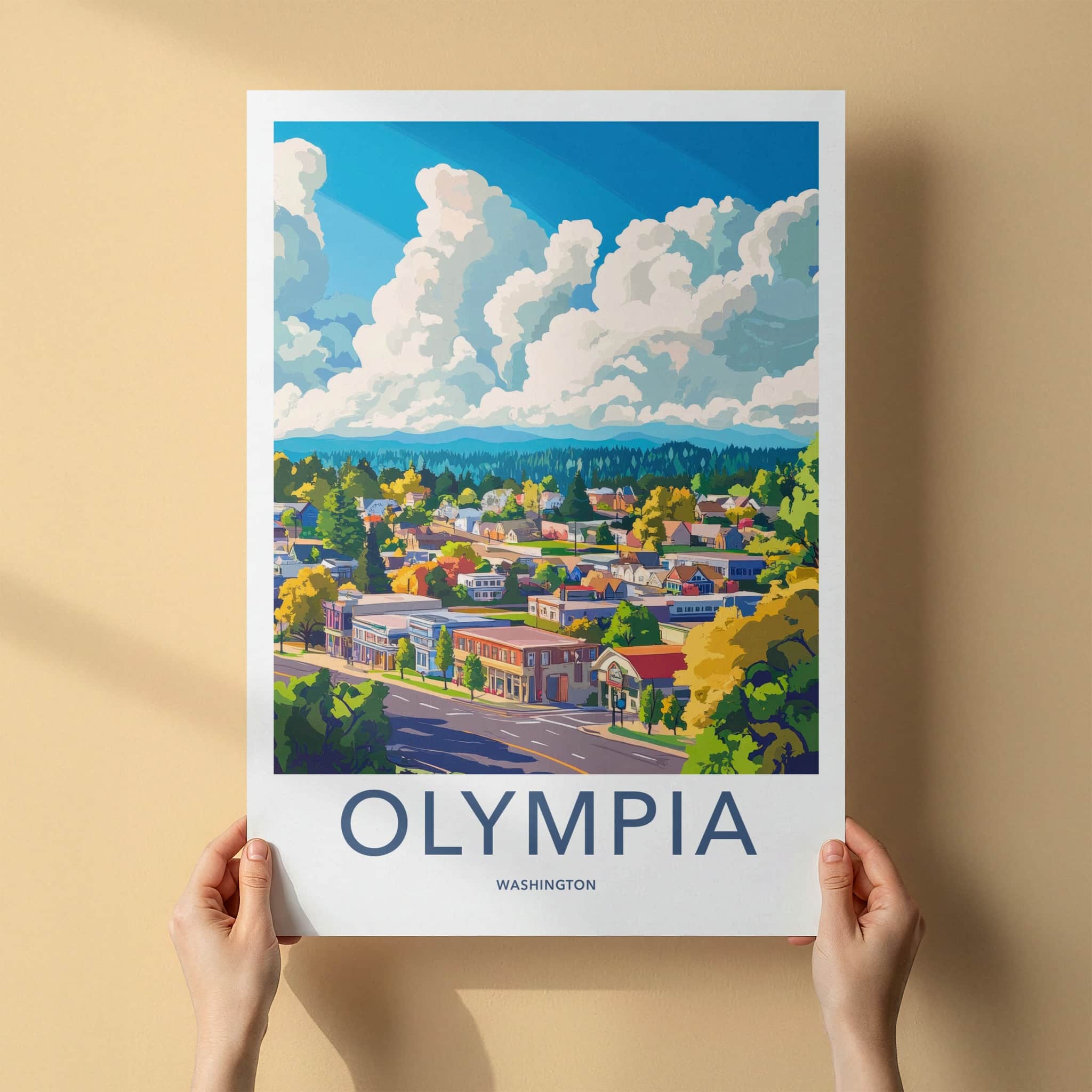 Olympia Poster - Washington Travel Art - Vibrant Townscape Clouds Home Decor