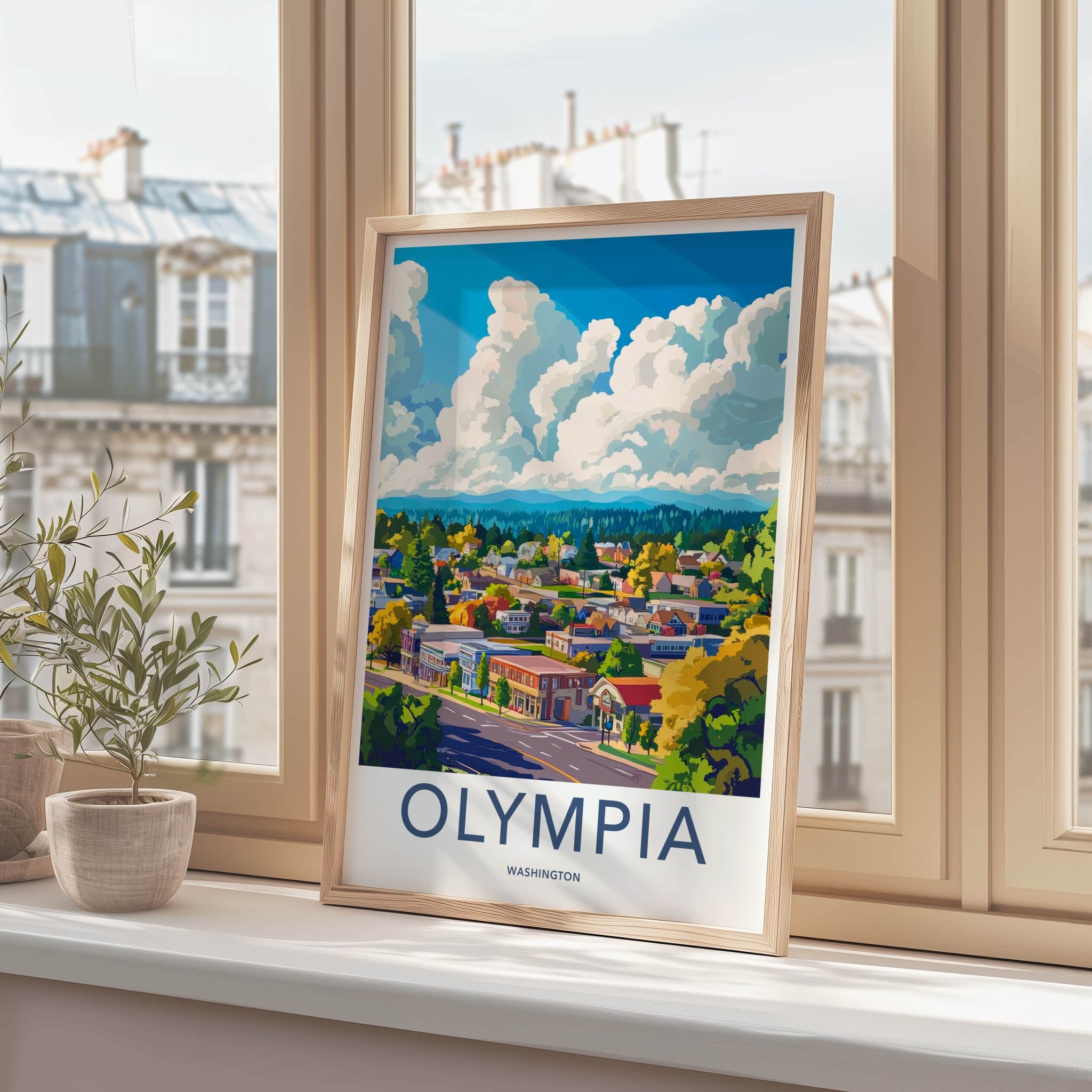 Olympia Poster - Washington Travel Art - Vibrant Townscape Clouds Home Decor