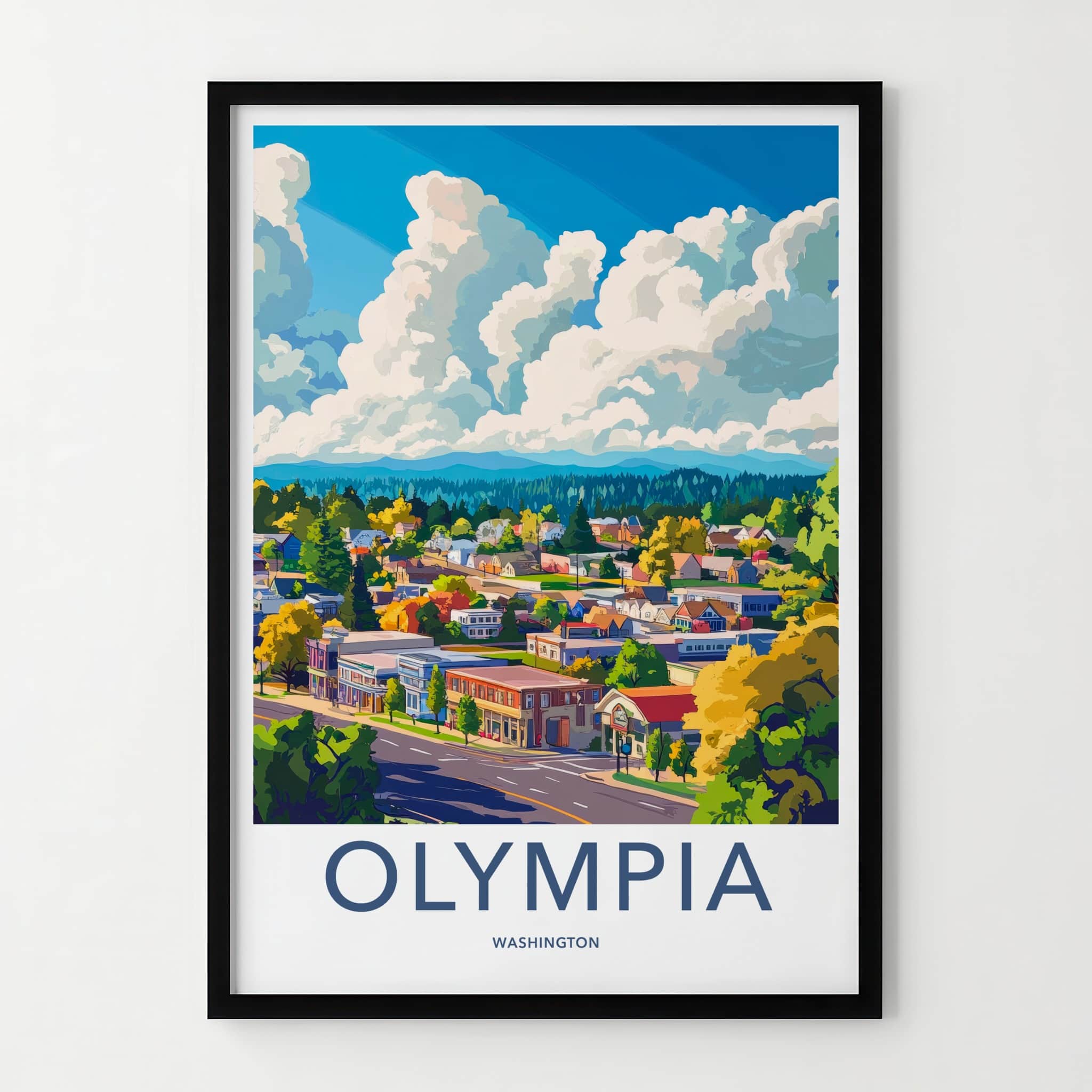 Olympia Poster - Washington Travel Art - Vibrant Townscape Clouds Home Decor