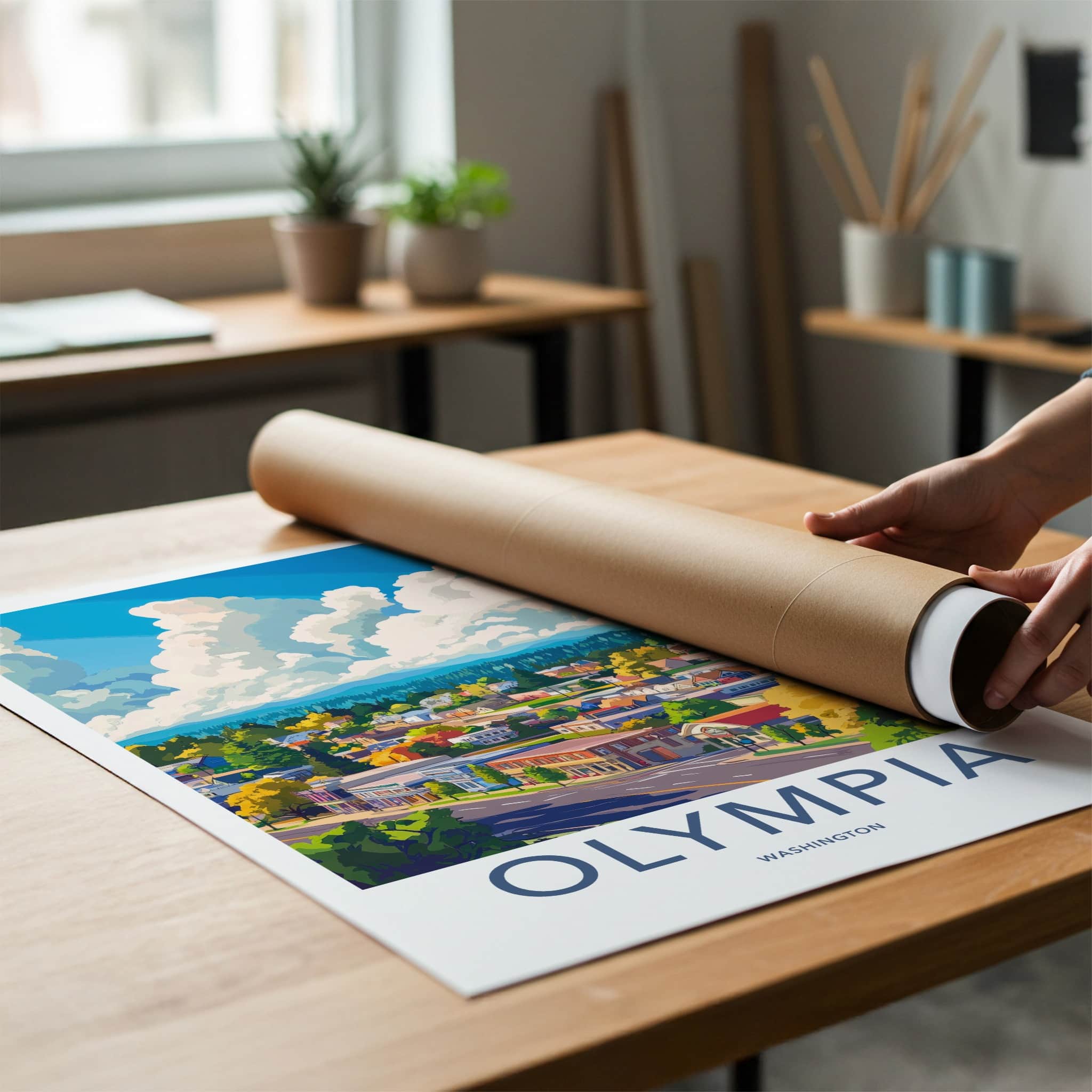 Olympia Poster - Washington Travel Art - Vibrant Townscape Clouds Home Decor
