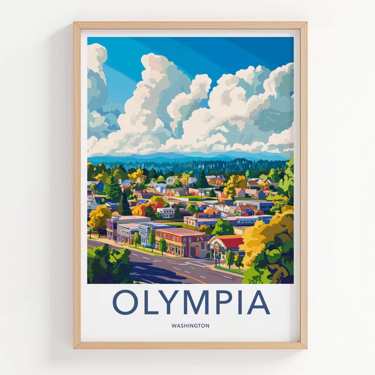 Olympia Poster - Washington Travel Art - Vibrant Townscape Clouds Home Decor