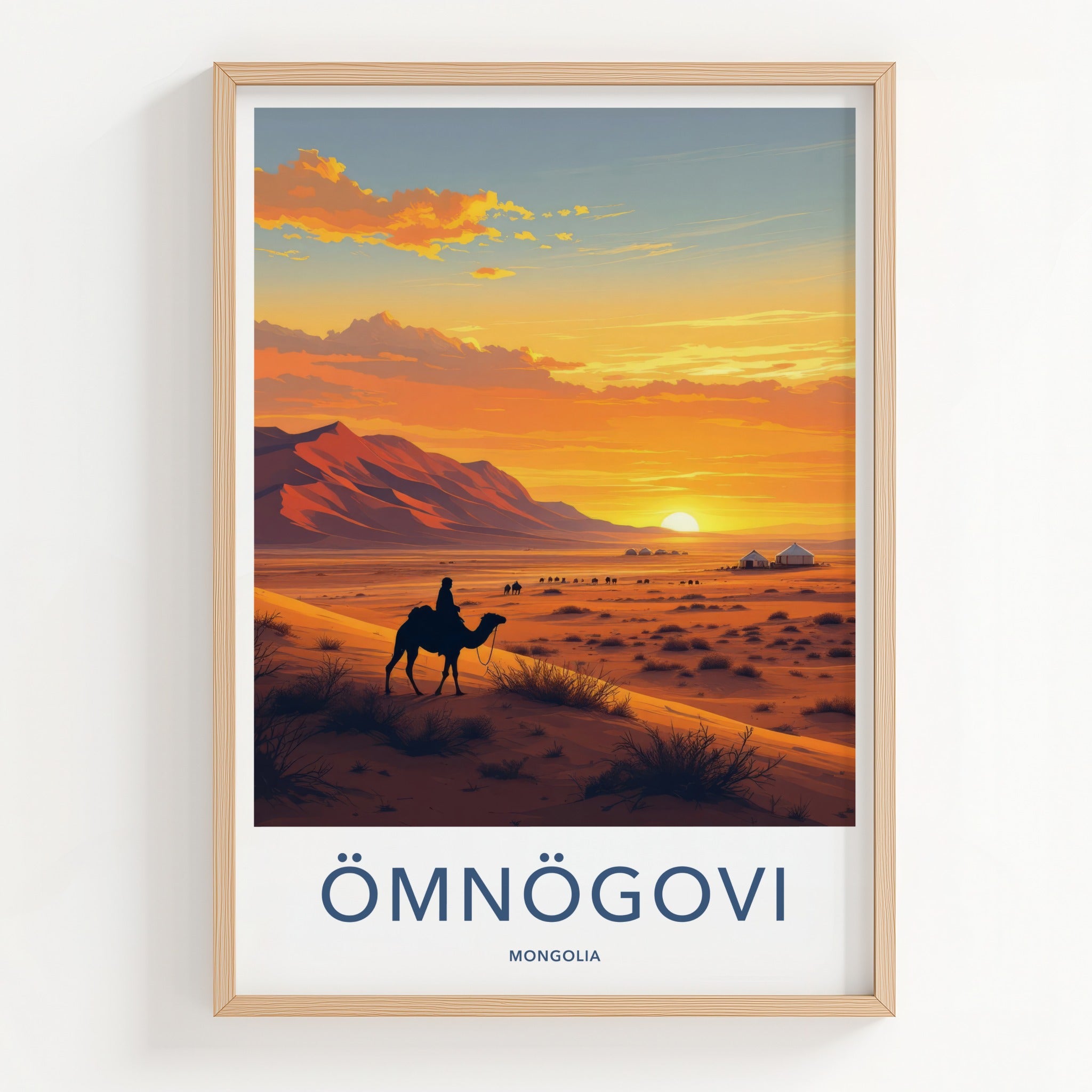 Omnogovi Poster - Mongolia Travel Print - Desert Sunset Camels Home Decor