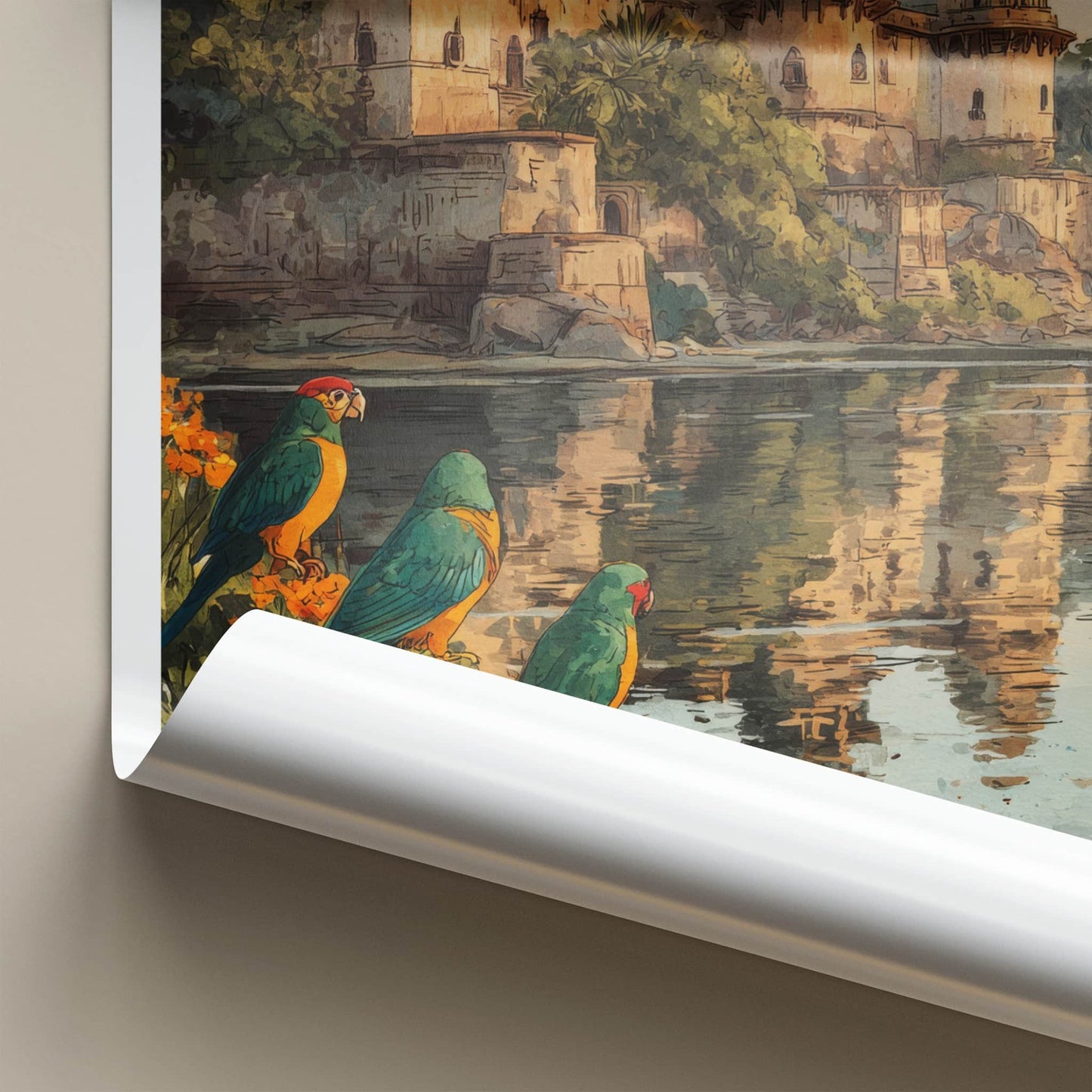 Orchha Poster - India Travel Art - River Bank Parrots Framed Art