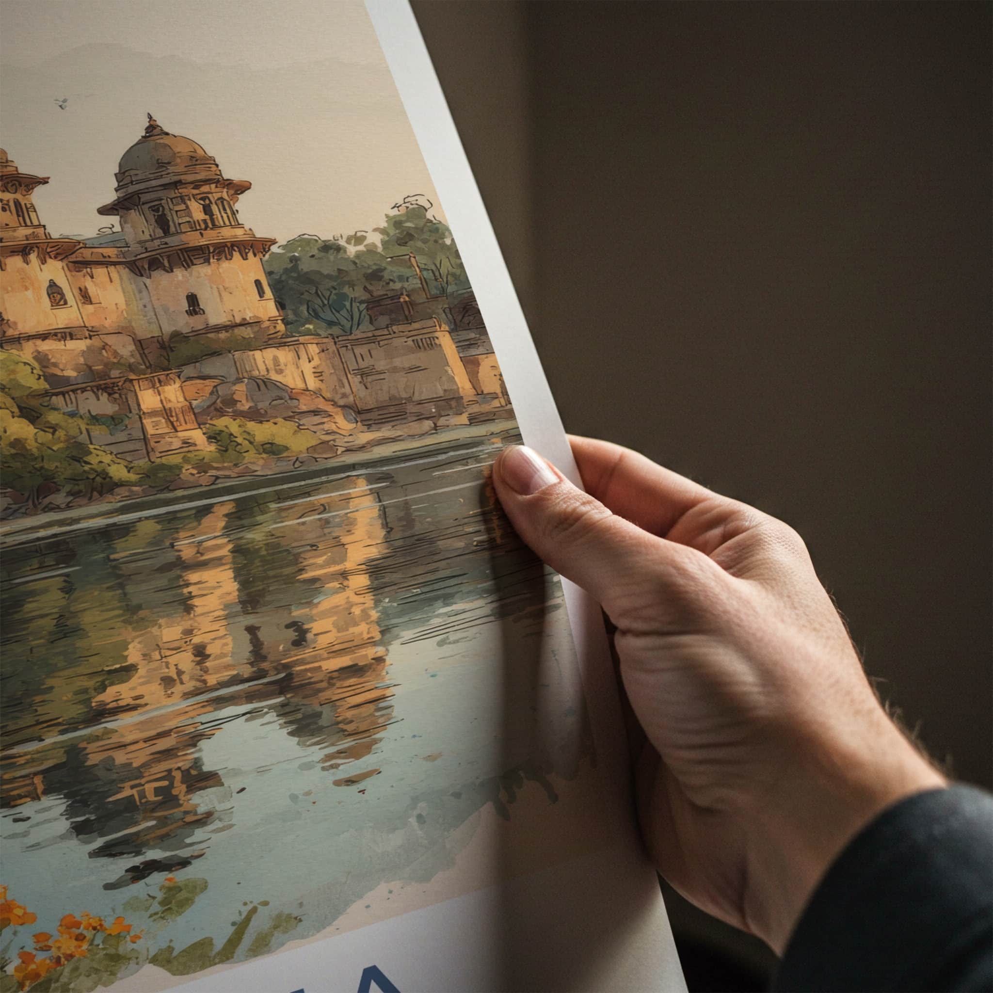 Orchha Poster - India Travel Art - River Bank Parrots Framed Art