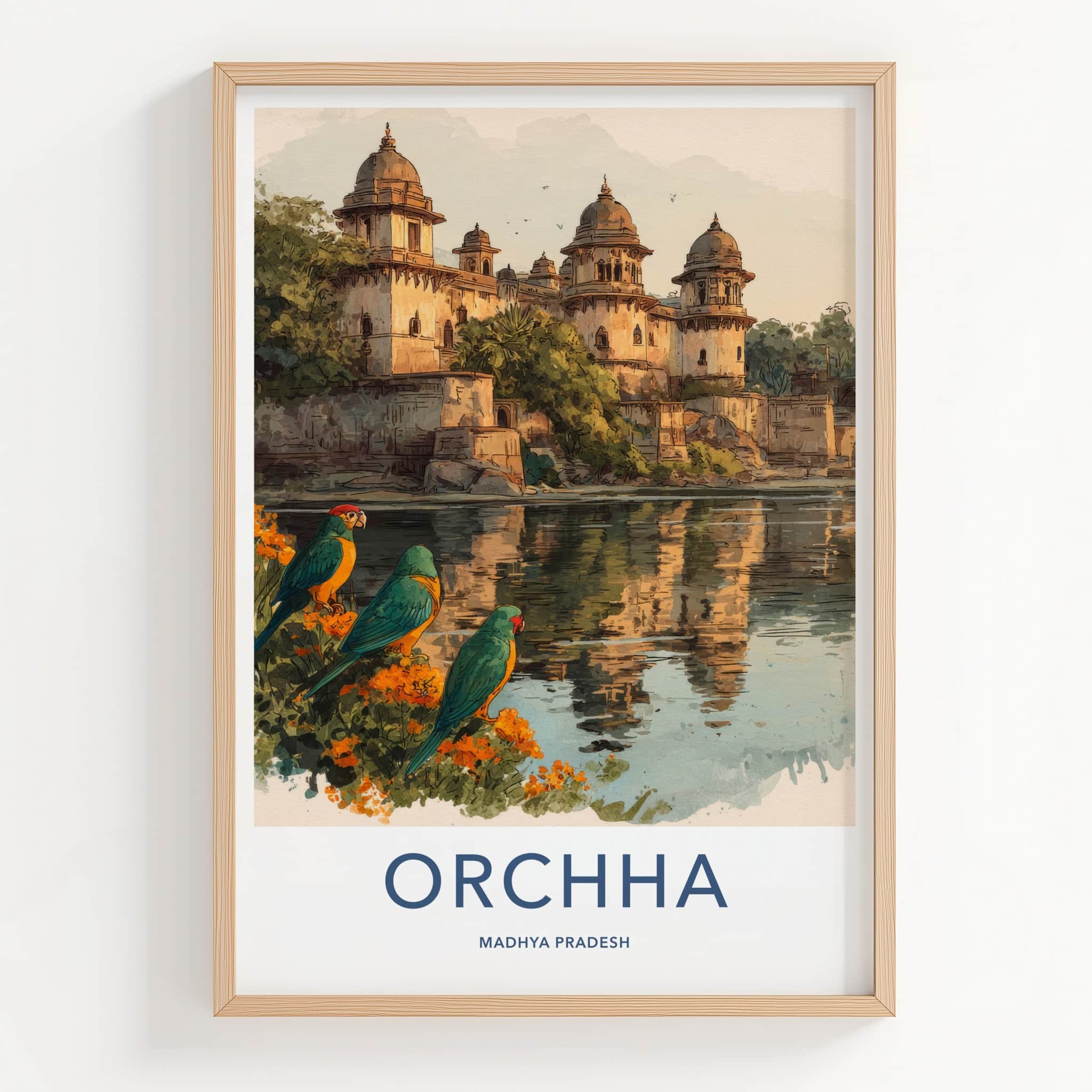 Orchha Poster - India Travel Art - River Bank Parrots Framed Art