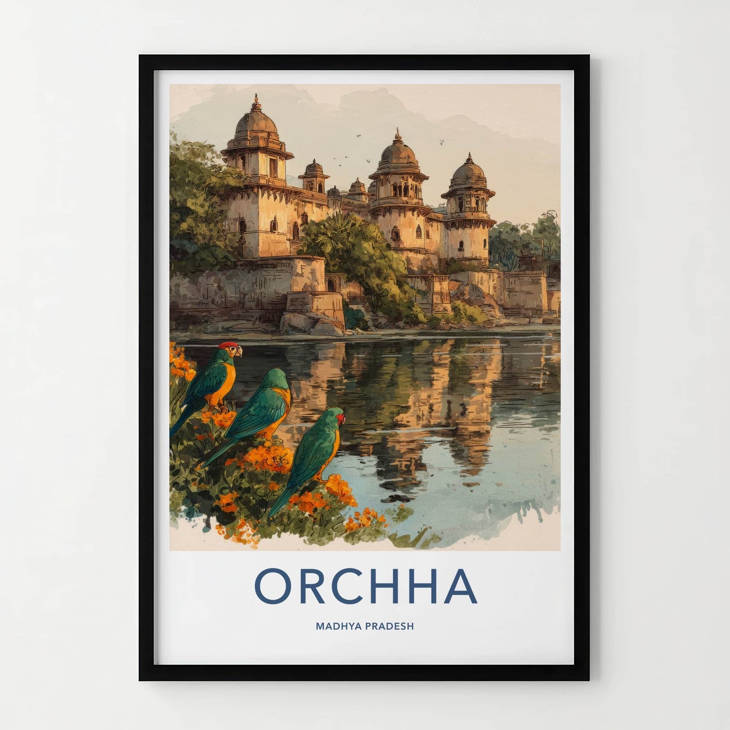 Orchha Poster - India Travel Art - River Bank Parrots Framed Art