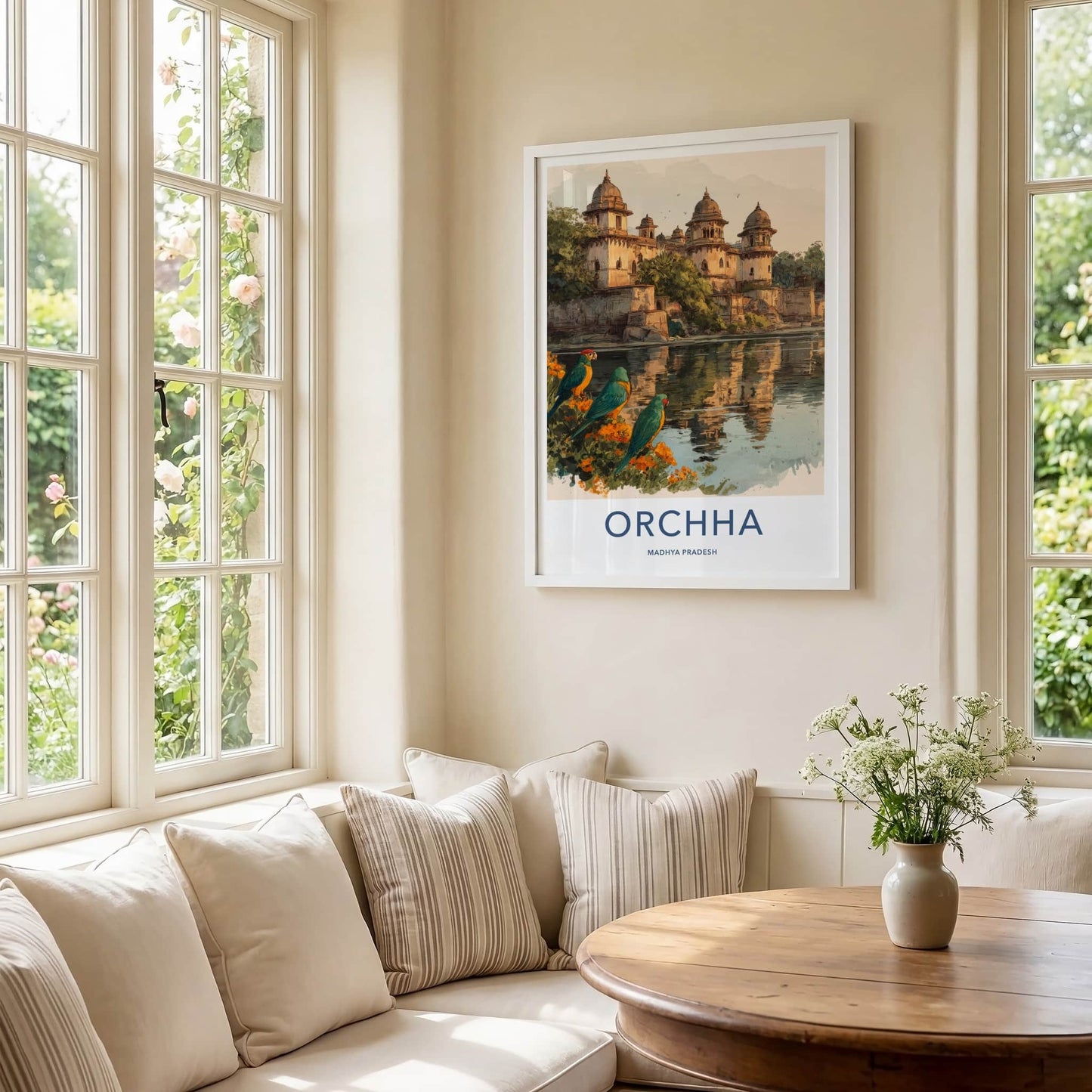 Orchha Poster - India Travel Art - River Bank Parrots Framed Art
