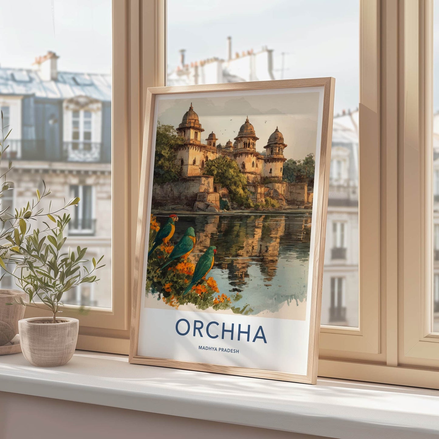 Orchha Poster - India Travel Art - River Bank Parrots Framed Art