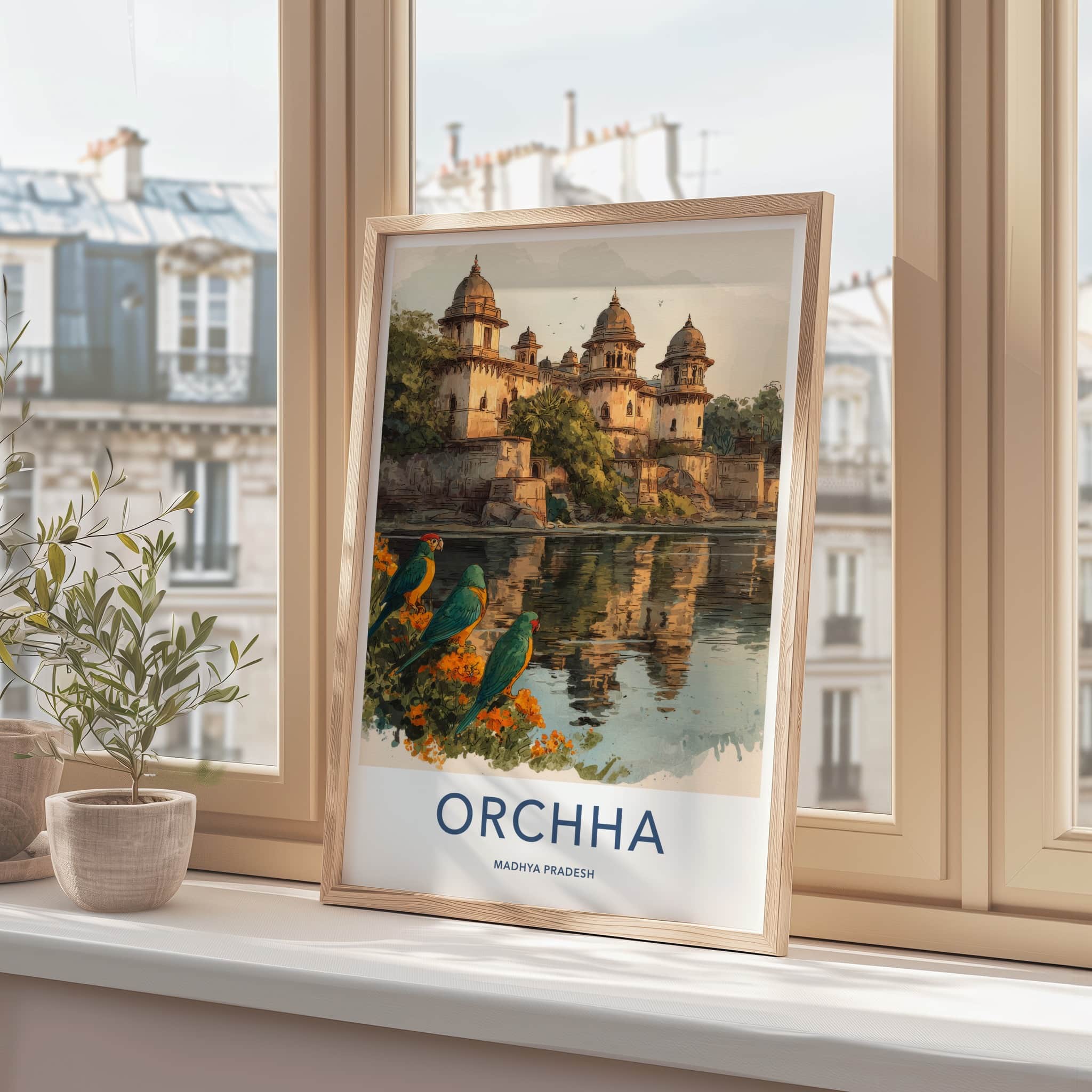 Orchha Poster - India Travel Art - River Bank Parrots Framed Art