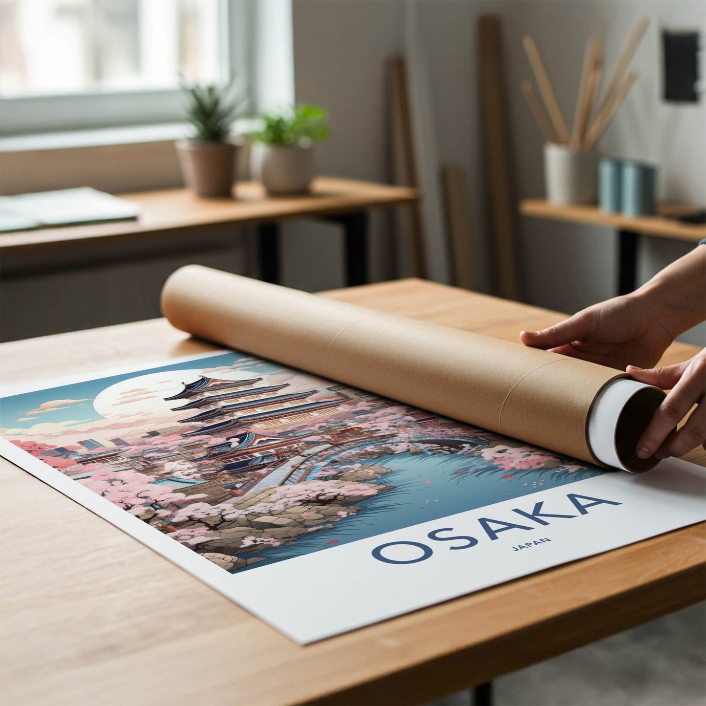 Osaka Poster - Japan Travel Art - Historic Castle Sakura Home Decor