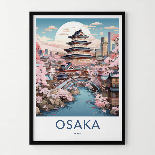 Osaka Poster - Japan Travel Art - Historic Castle Sakura Home Decor