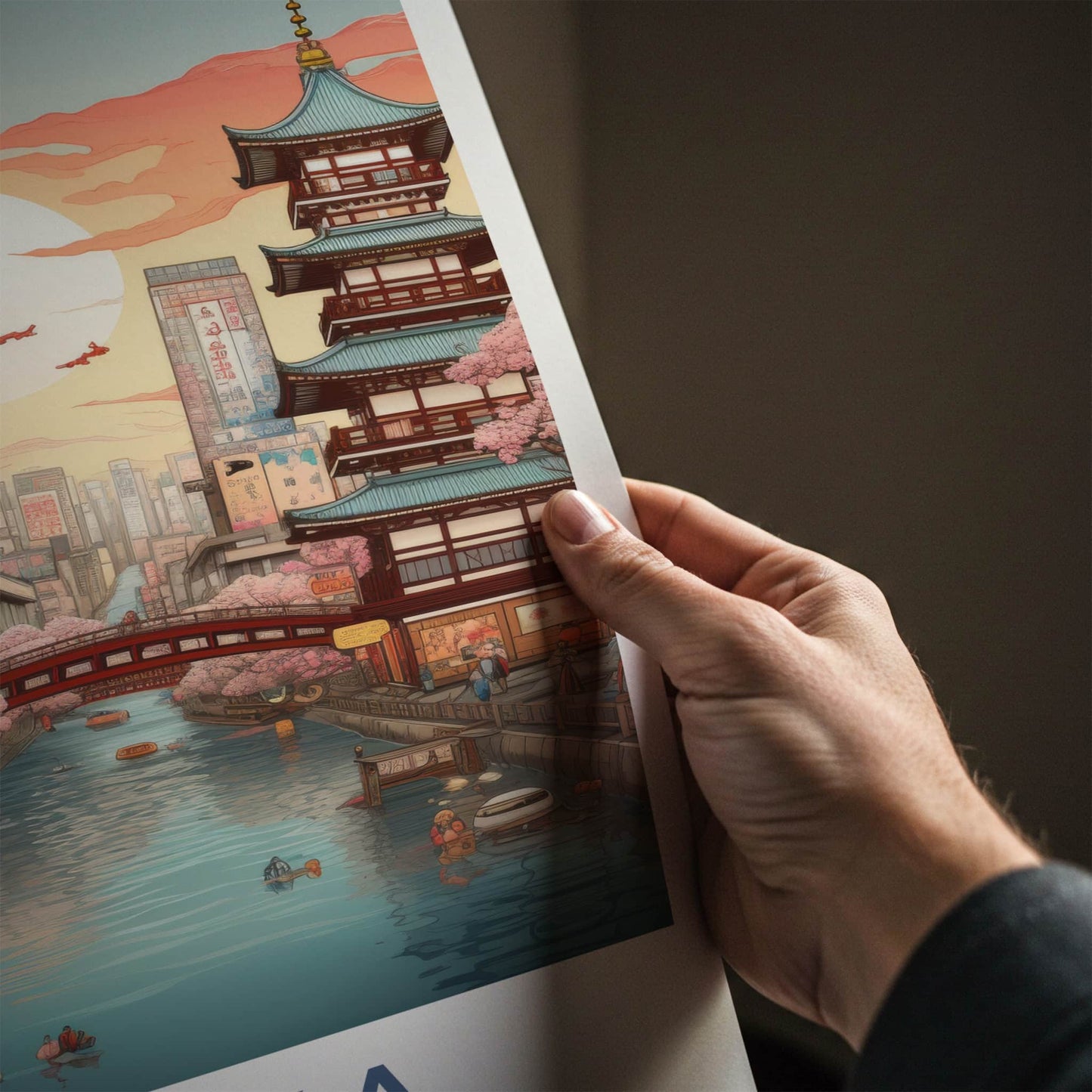 Osaka Poster - Japan Travel Art - Sunset Canal Blossom Home Decor