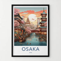 Osaka Poster - Japan Travel Art - Sunset Canal Blossom Home Decor