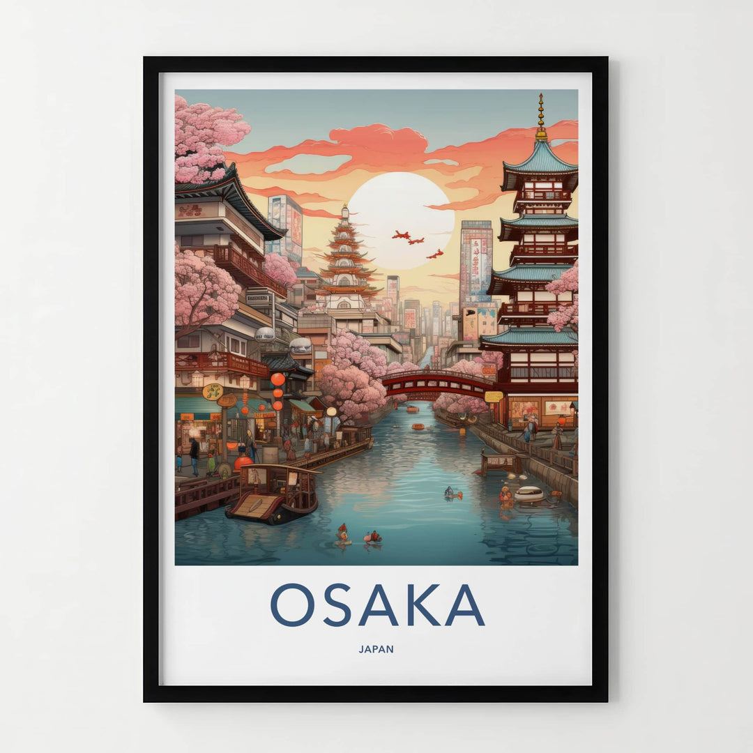 Osaka Poster - Japan Travel Art - Sunset Canal Blossom Home Decor