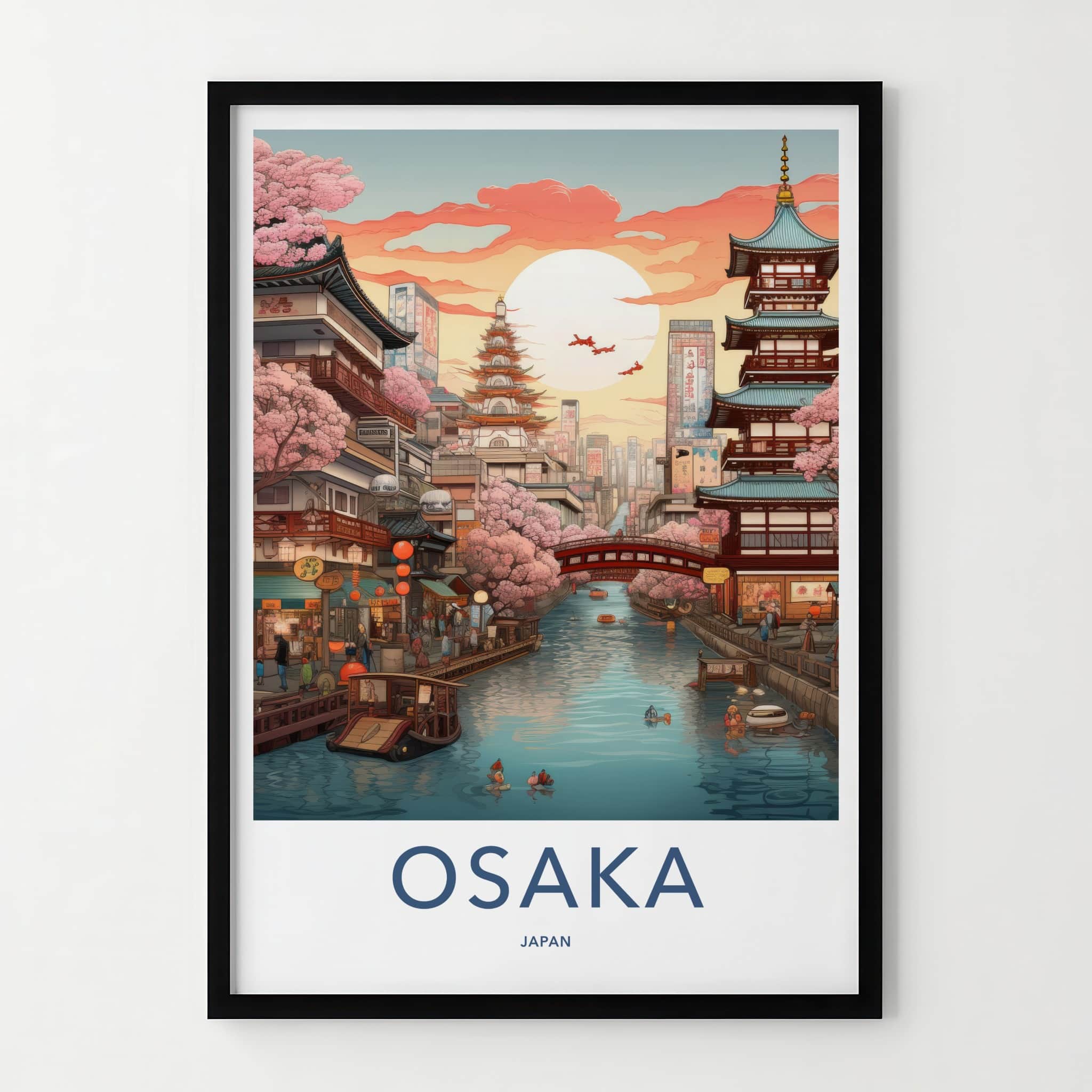 Osaka Poster - Japan Travel Art - Sunset Canal Blossom Home Decor