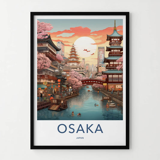 Osaka Poster - Japan Travel Art - Sunset Canal Blossom Home Decor