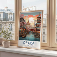 Osaka Poster - Japan Travel Art - Sunset Canal Blossom Home Decor
