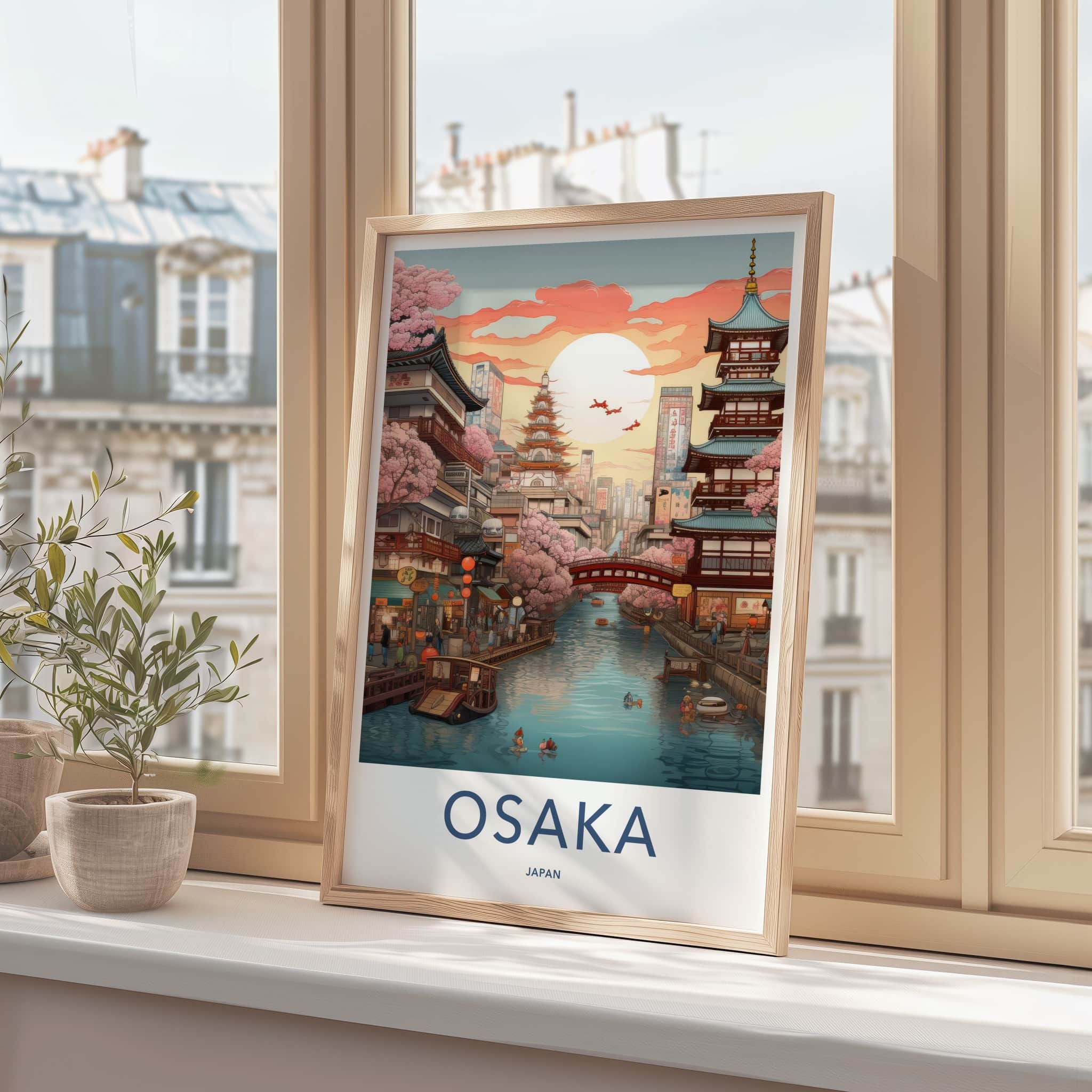 Osaka Poster - Japan Travel Art - Sunset Canal Blossom Home Decor