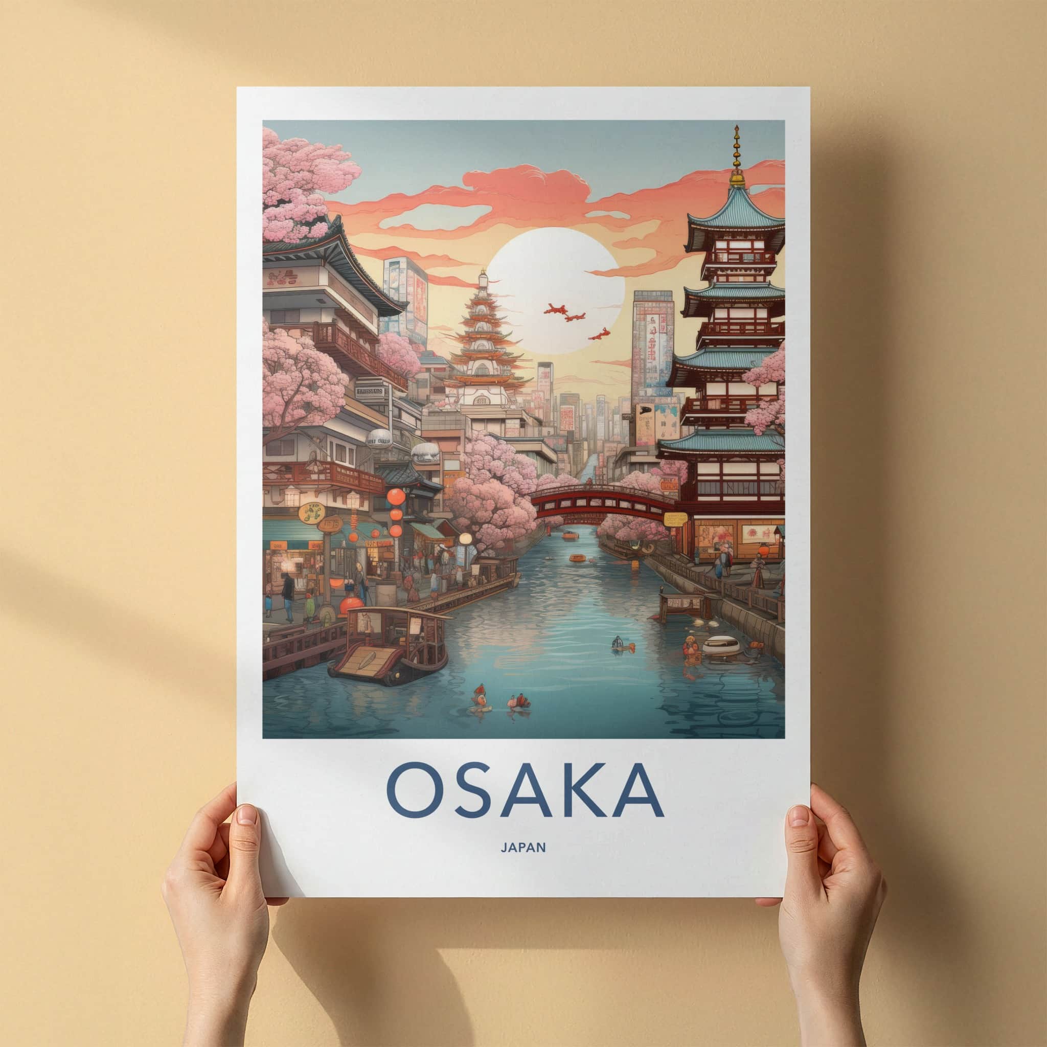 Osaka Poster - Japan Travel Art - Sunset Canal Blossom Home Decor