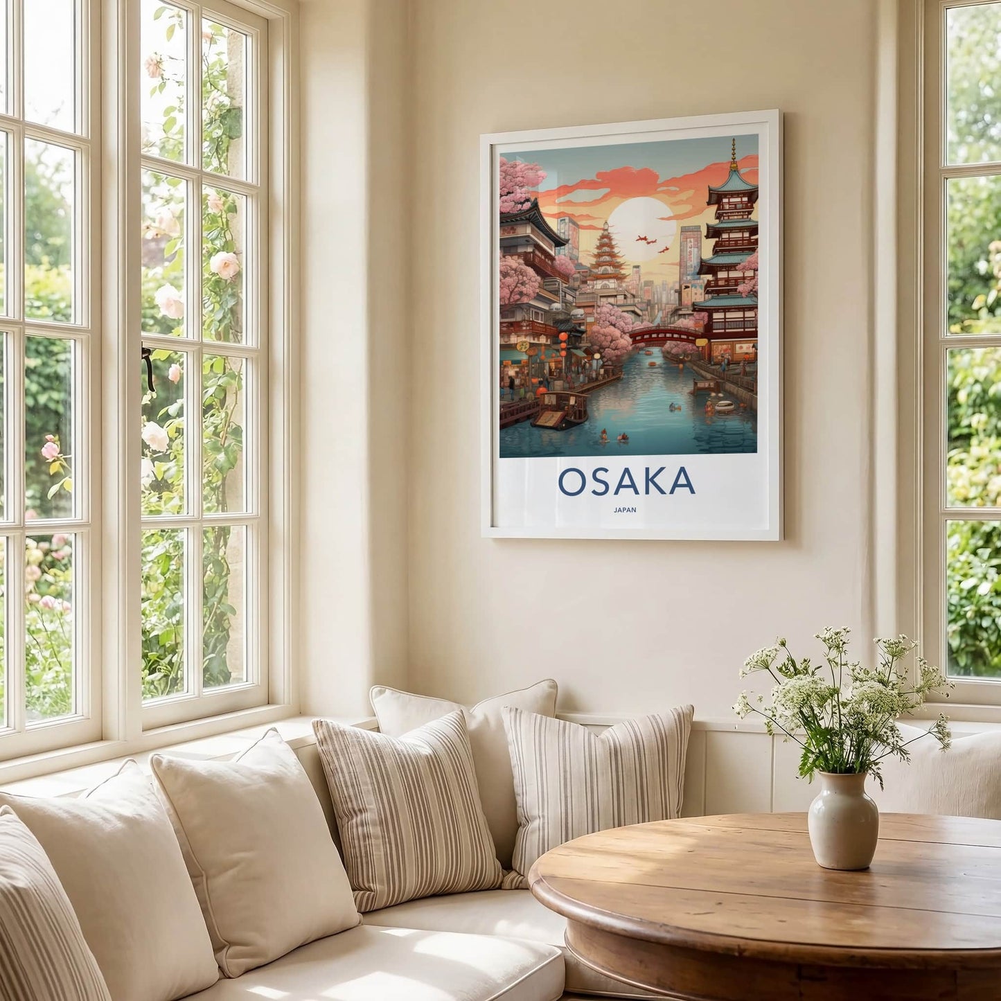 Osaka Poster - Japan Travel Art - Sunset Canal Blossom Home Decor