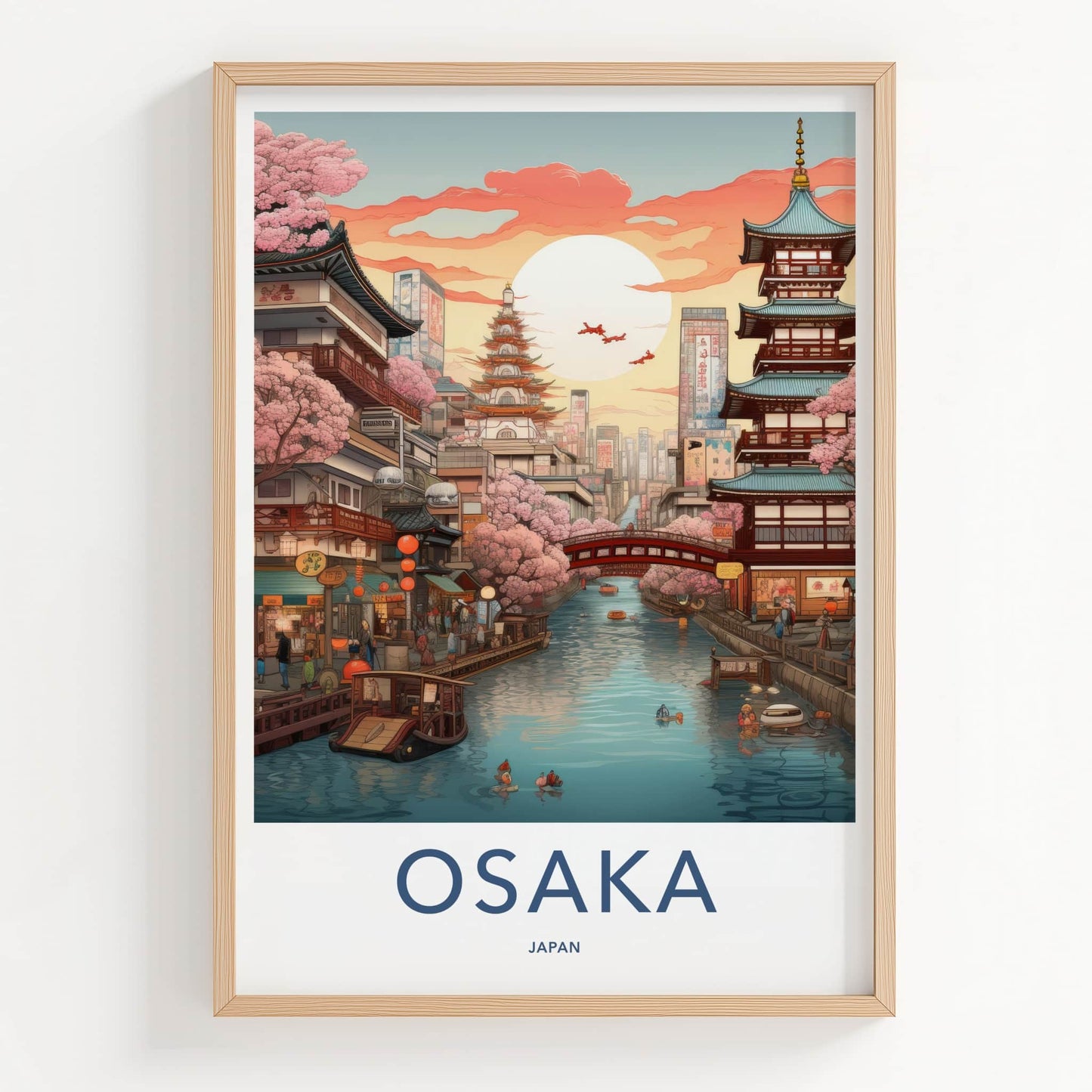 Osaka Poster - Japan Travel Art - Sunset Canal Blossom Home Decor