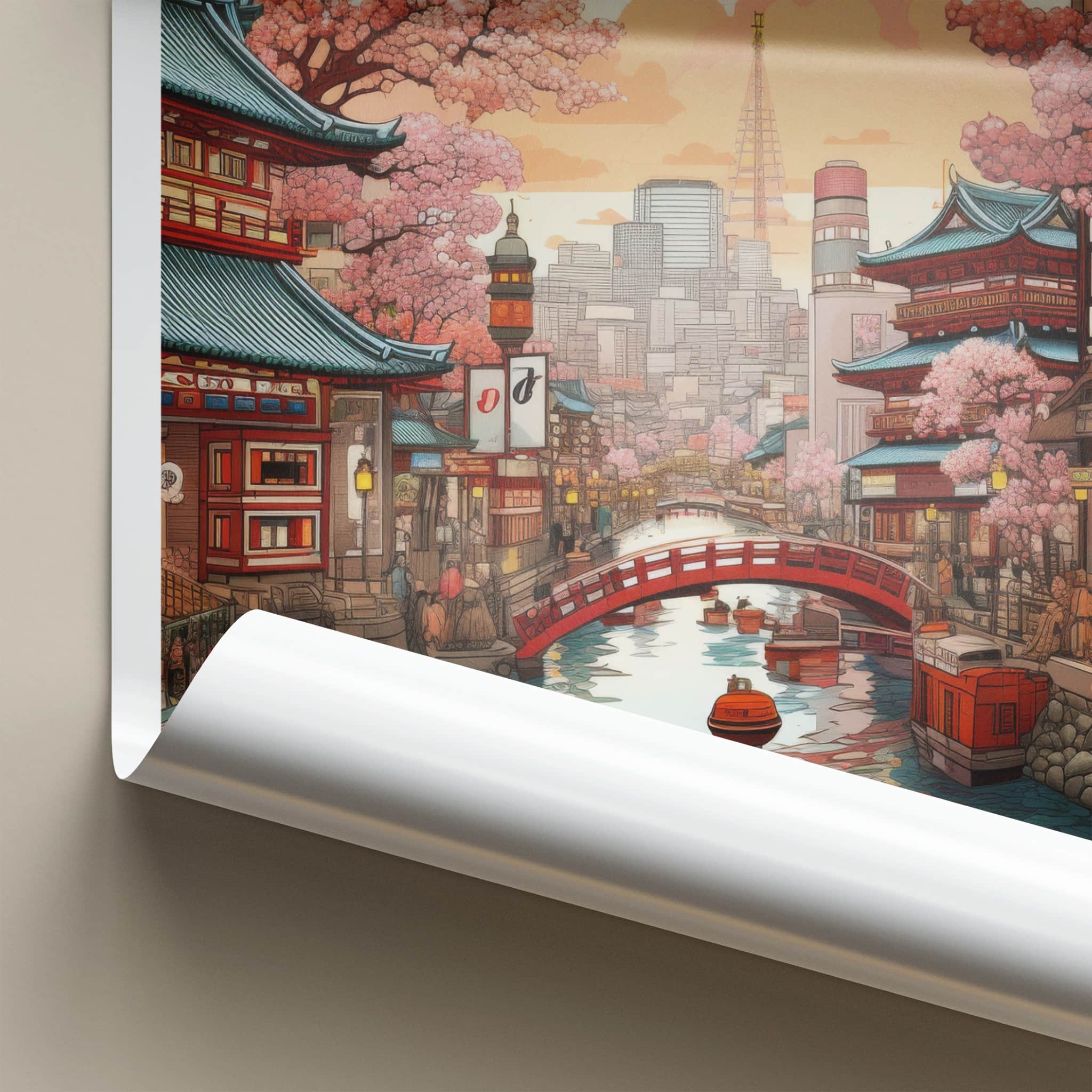 Osaka Poster - Japan Travel Print - Sakura Lined Canal Home Decor