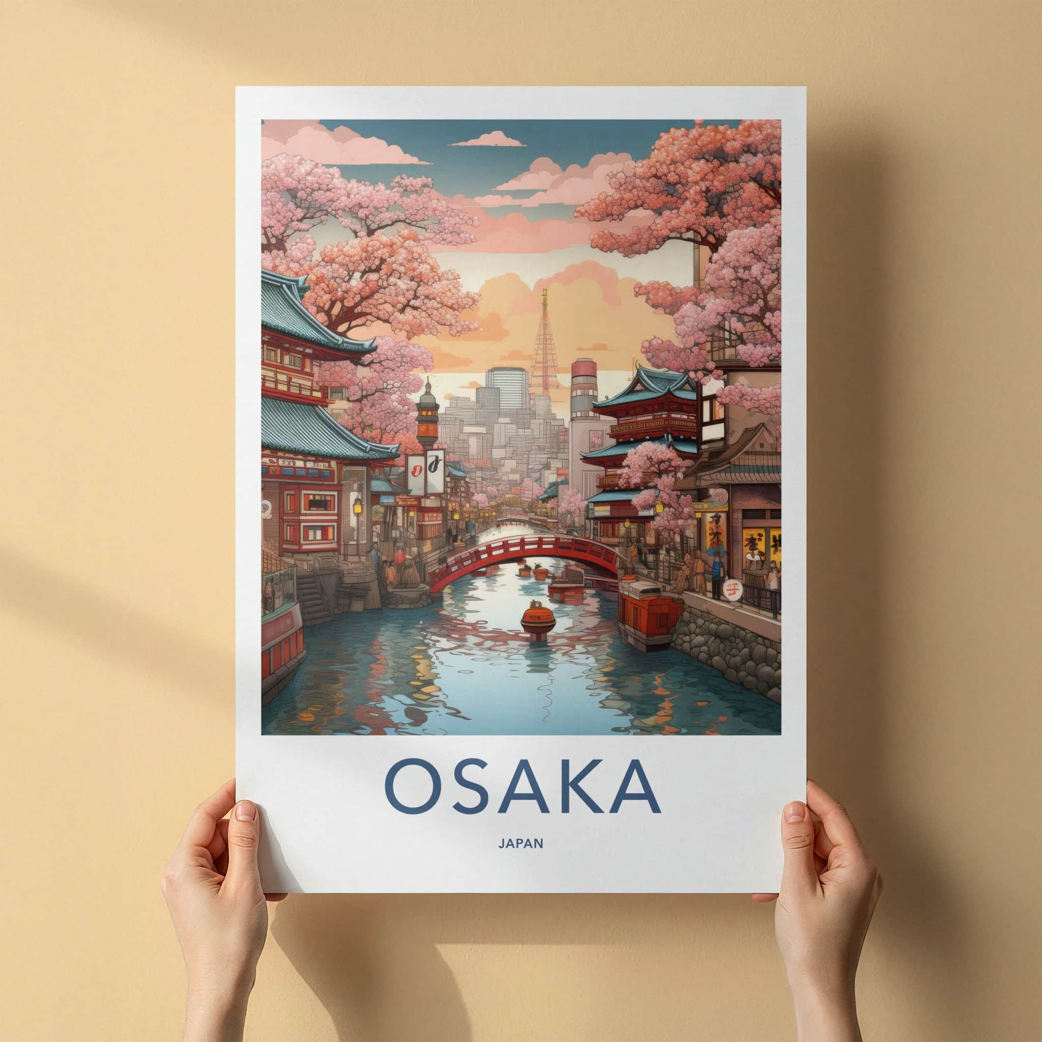 Osaka Poster - Japan Travel Print - Sakura Lined Canal Home Decor