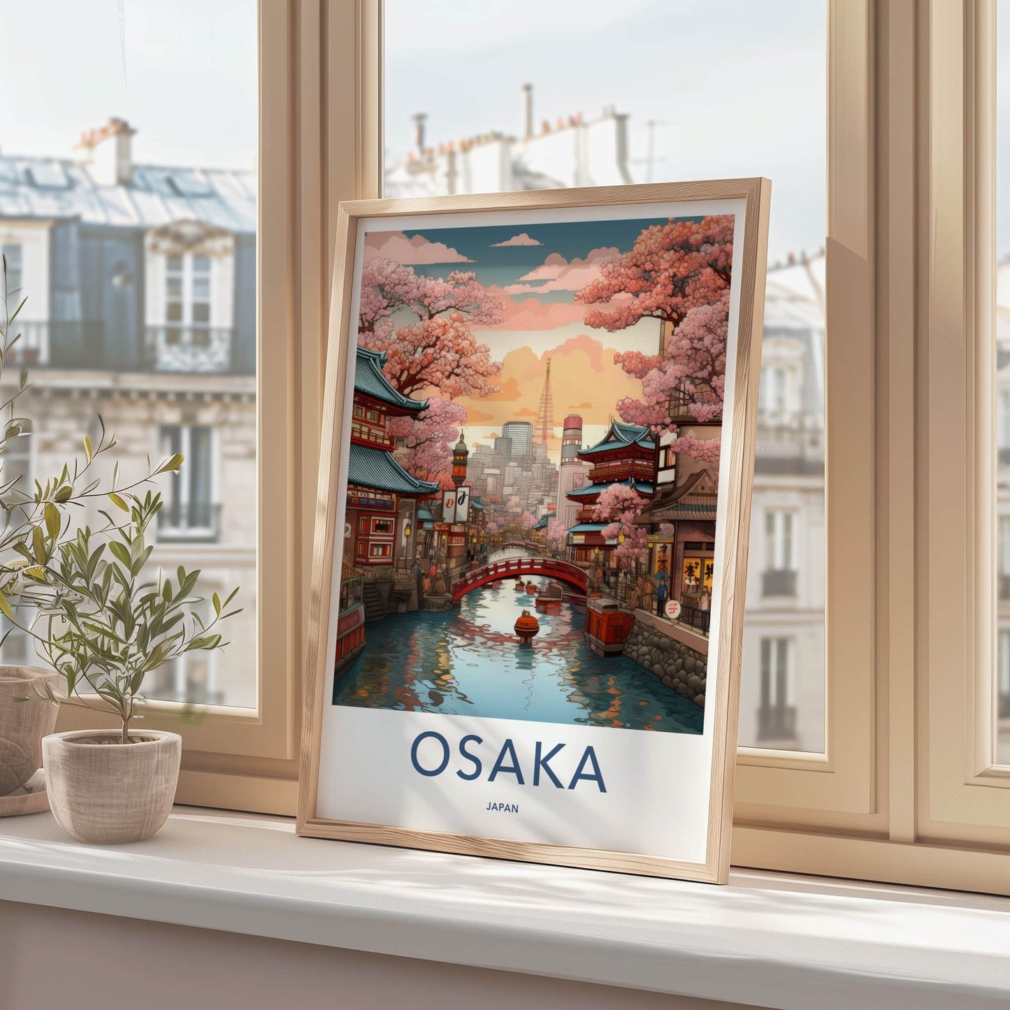 Osaka Poster - Japan Travel Print - Sakura Lined Canal Home Decor
