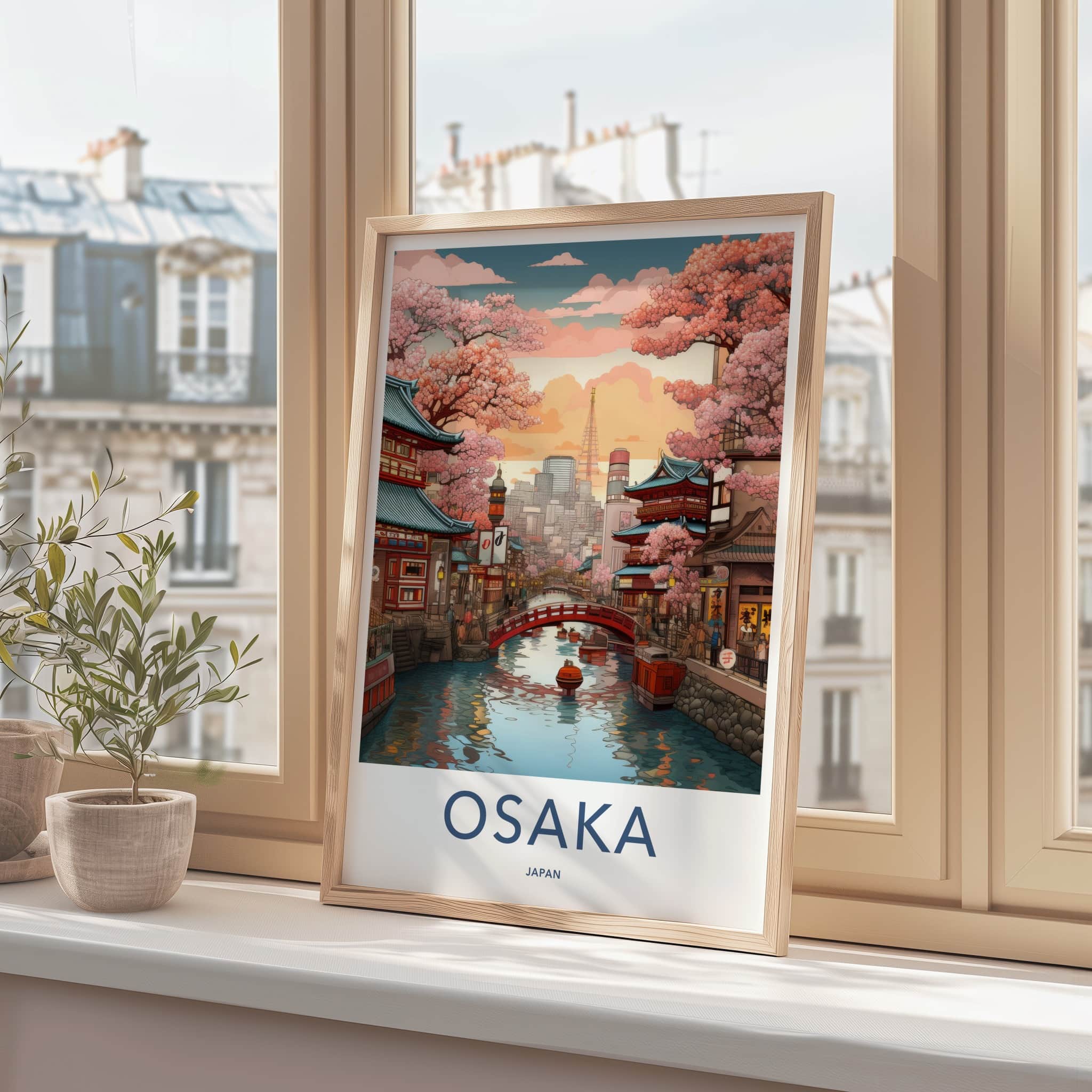 Osaka Poster - Japan Travel Print - Sakura Lined Canal Home Decor