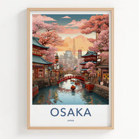 Osaka Poster - Japan Travel Print - Sakura Lined Canal Home Decor
