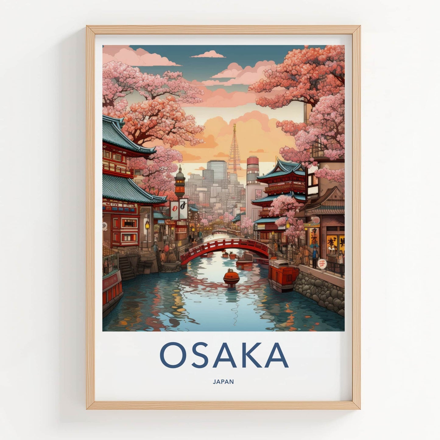 Osaka Poster - Japan Travel Print - Sakura Lined Canal Home Decor