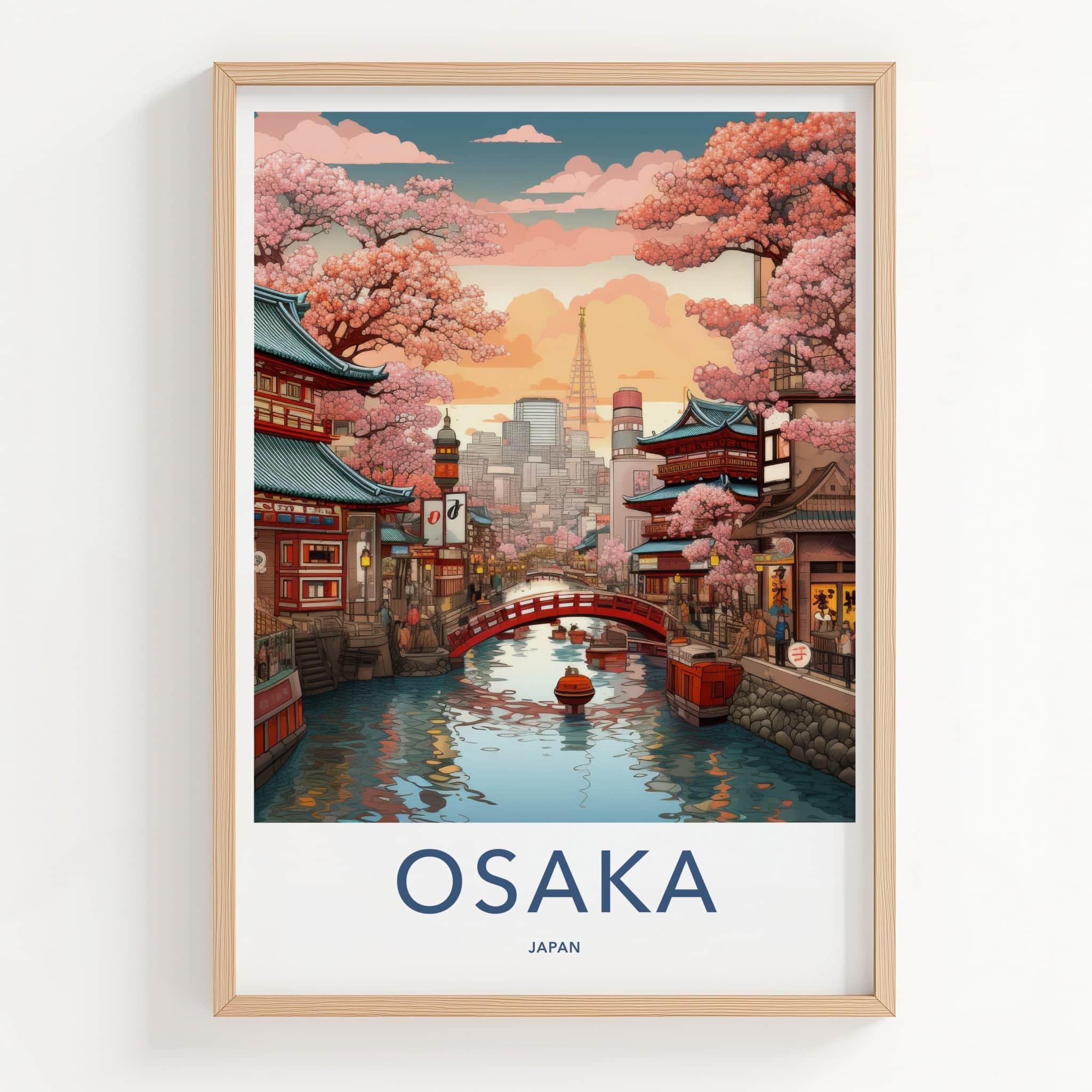 Osaka Poster - Japan Travel Print - Sakura Lined Canal Home Decor
