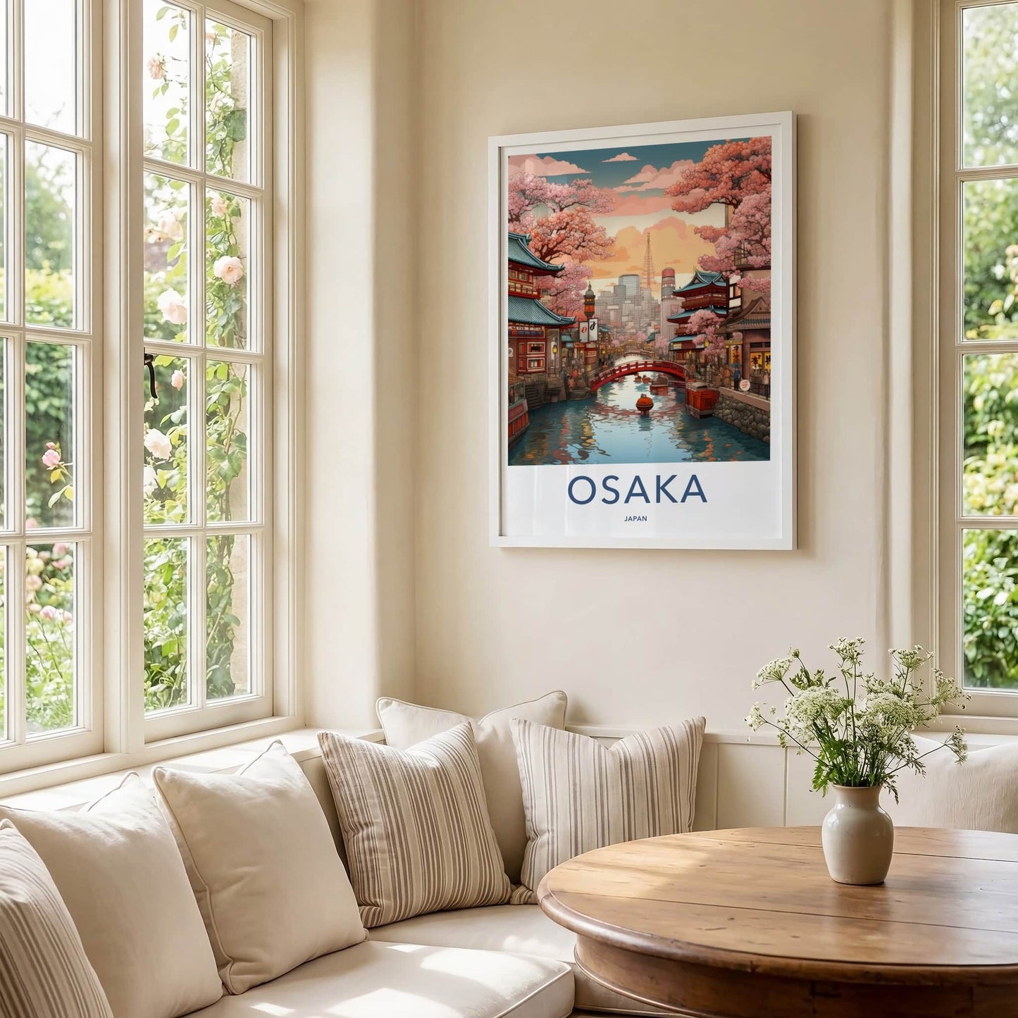 Osaka Poster - Japan Travel Print - Sakura Lined Canal Home Decor