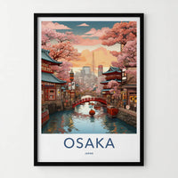 Osaka Poster - Japan Travel Print - Sakura Lined Canal Home Decor