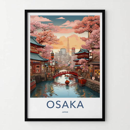 Osaka Poster - Japan Travel Print - Sakura Lined Canal Home Decor