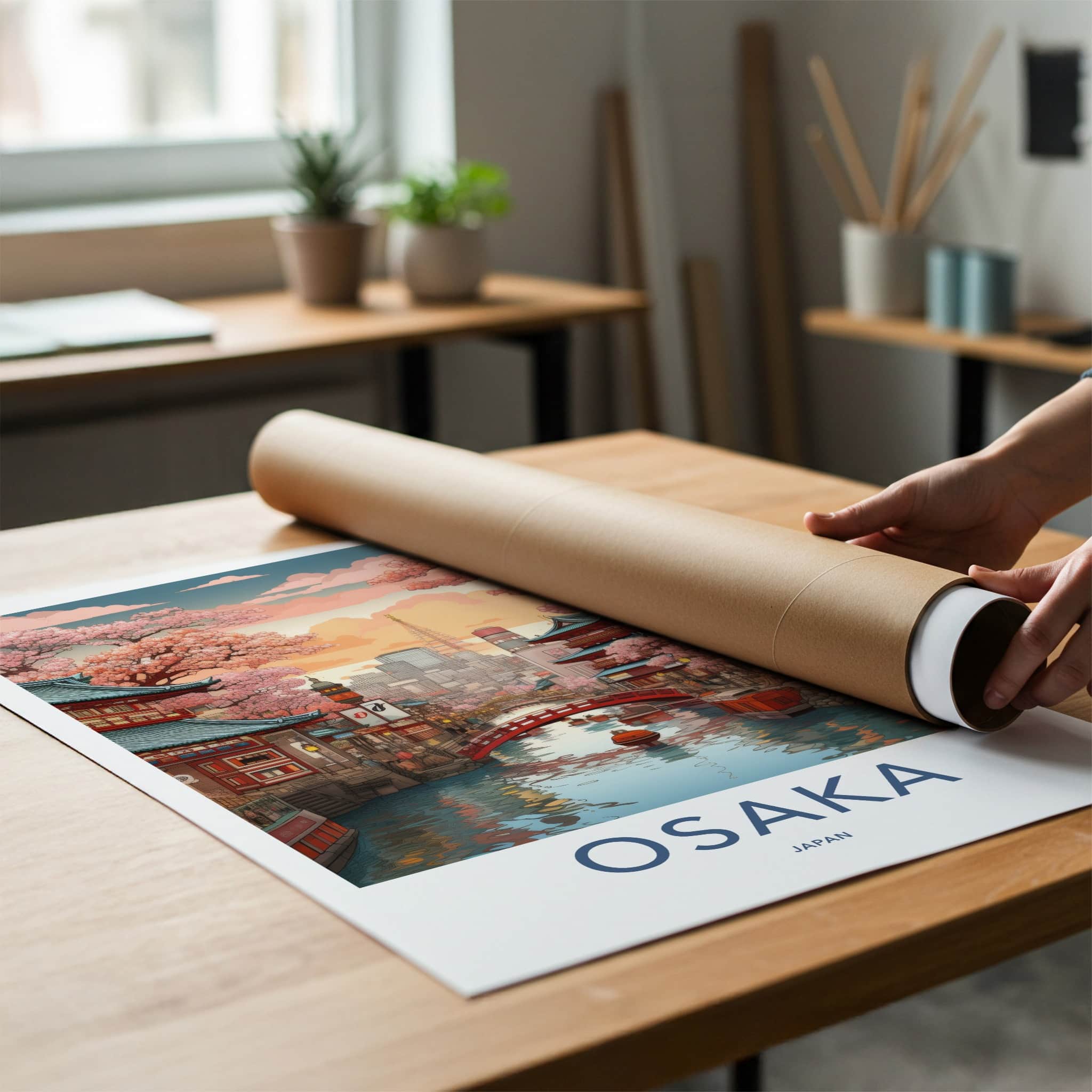 Osaka Poster - Japan Travel Print - Sakura Lined Canal Home Decor